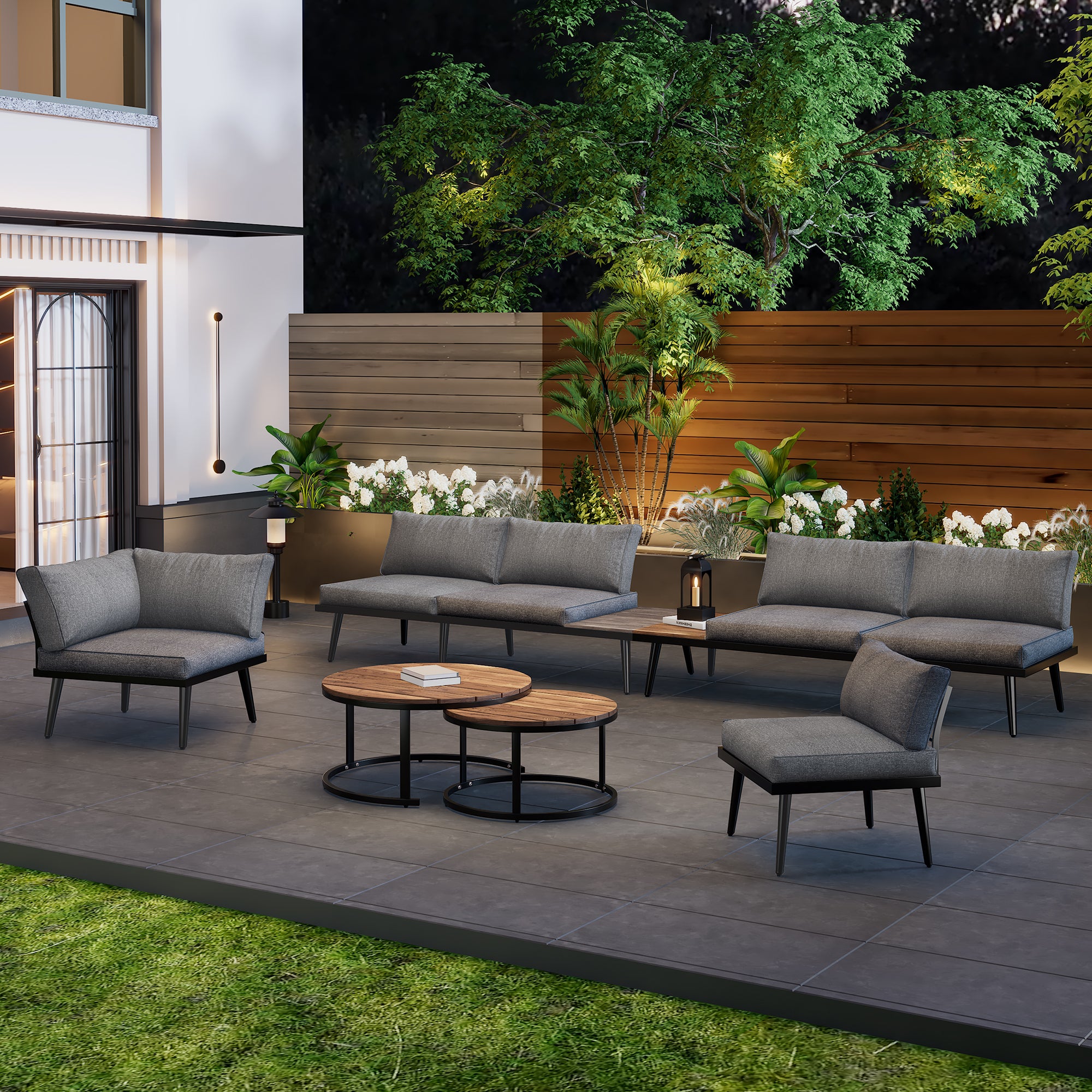 Salon de jardin pour 5 - 6 personnes, cadre en fer galvanisé, salle à manger ensemble de 6 pièces (2 canapés, 2 fauteuils simples, 2 tables) - 2