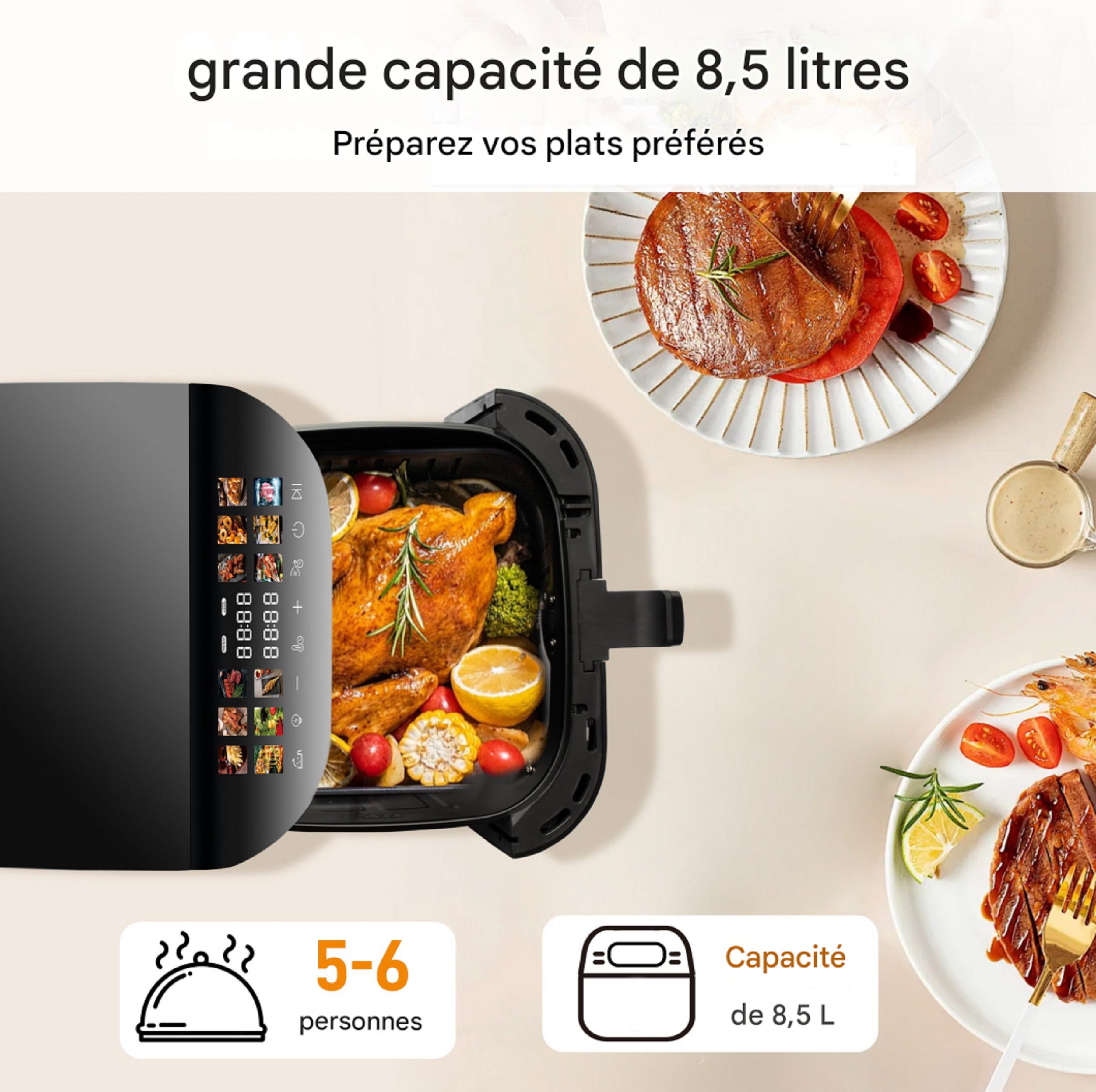 Friteuse à air XXL 8,5 L avec fenêtre de visualisation et écran couleur, 12 programmes, écran tactile LED couleur, nettoyage facile - 3