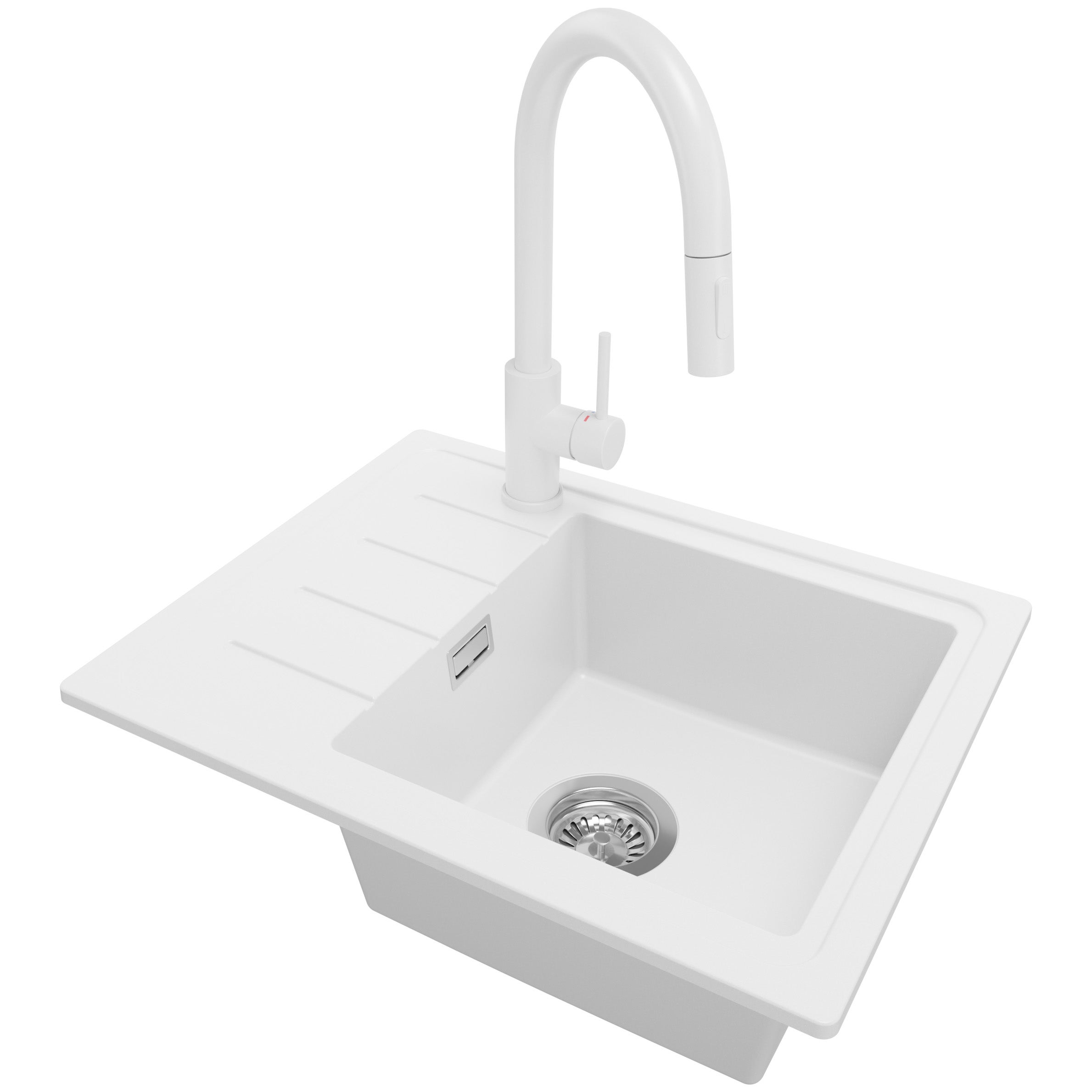 Zlewozmywak Granitowy Biały 55x44cm, Zlew Kuchenny 1 Komorowy + Bateria 40x20cm + Syfon, Nablatowy do szafki od 45cm - Kopenhaga Easy PRIMAGRAN