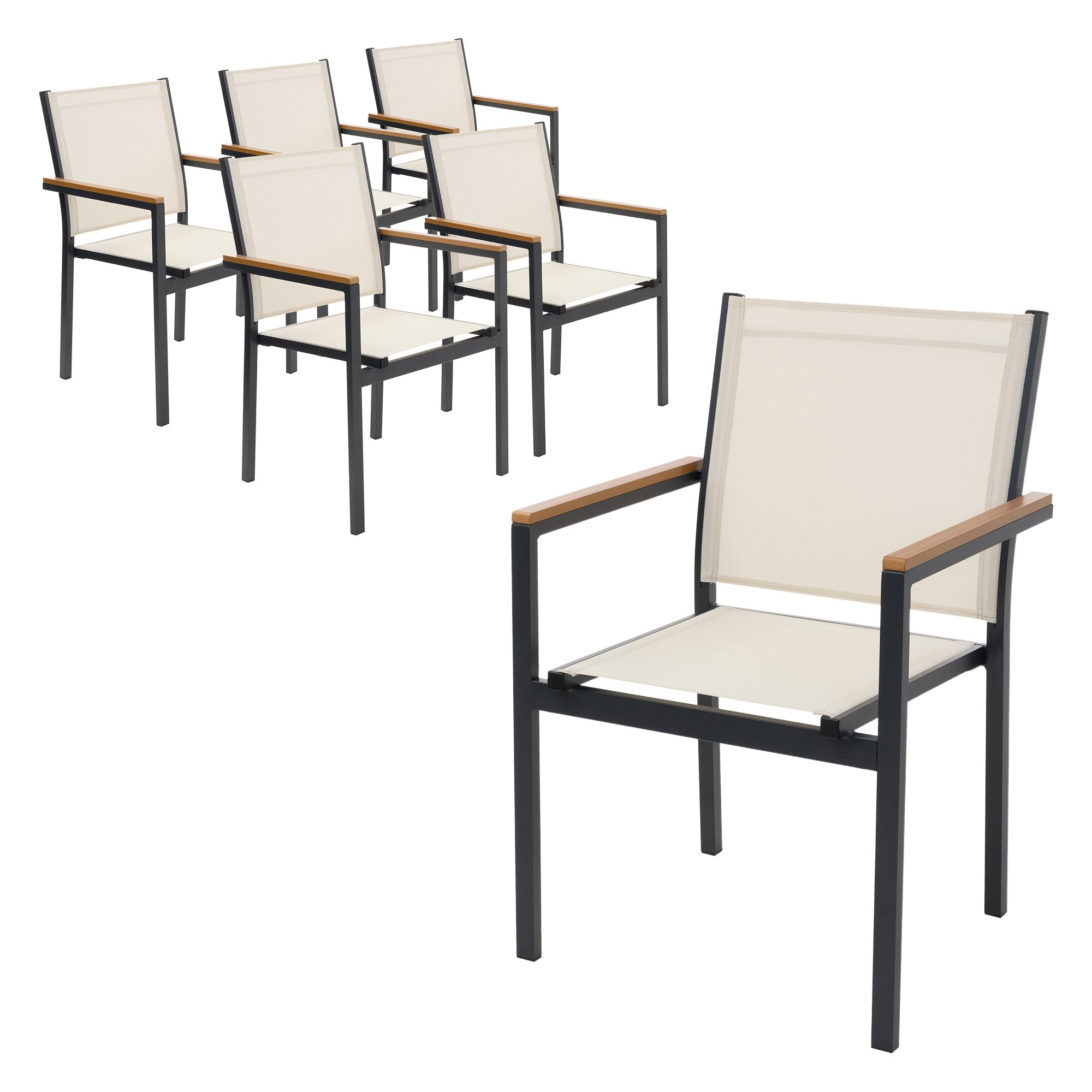 ML-Design krzesła ogrodowe balkonowe tarasowe 6 szt Imitacja drewna beżowy tekstylen oddychający rama aluminiowa odporne na warunki atmosferyczne
