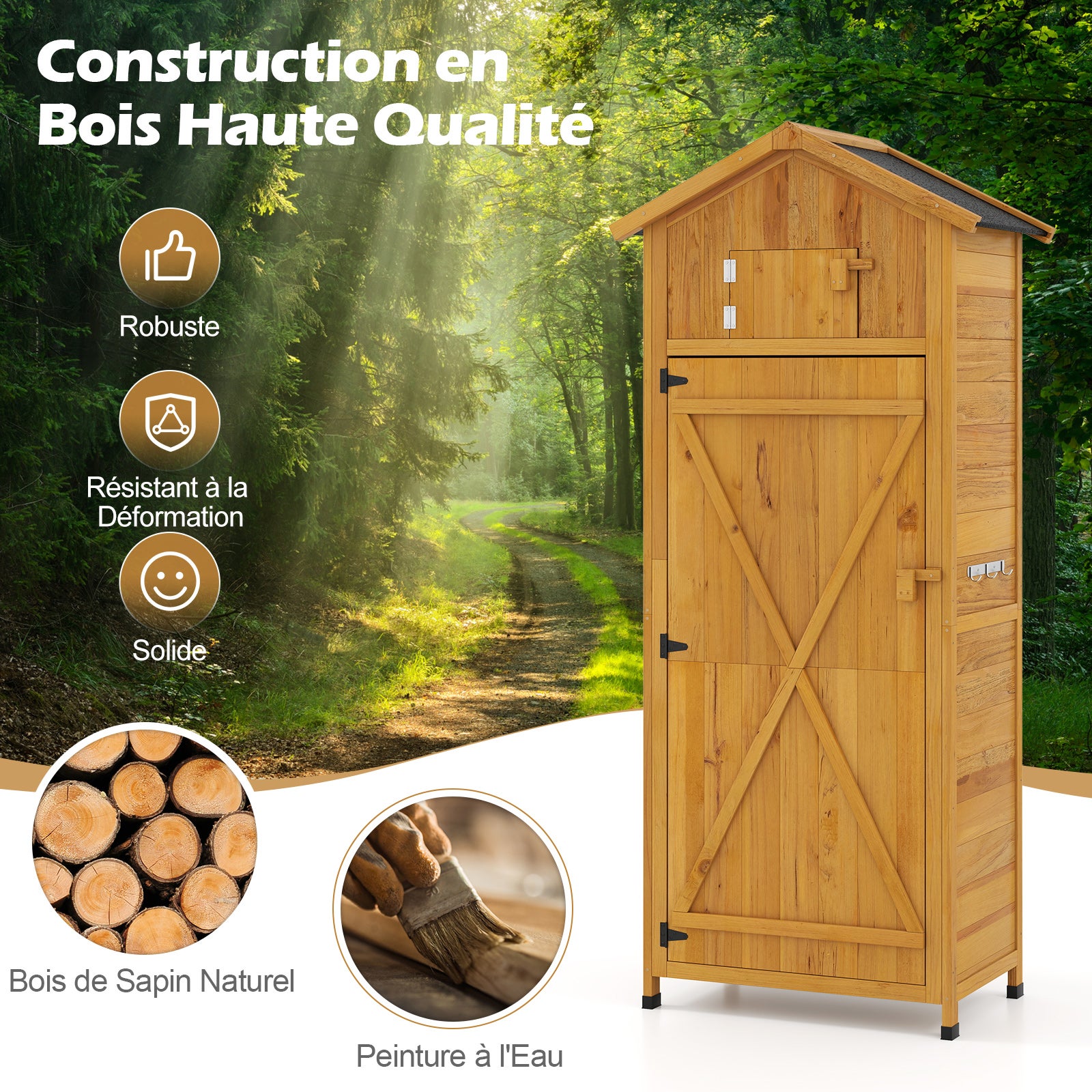 Abri de Jardin en Bois, Armoire d'Extérieur avec Porte Verrouillable, Étagères Amovibles, Table Latérale Pliante, 3 Crochets, Toit en Asphalte - 4