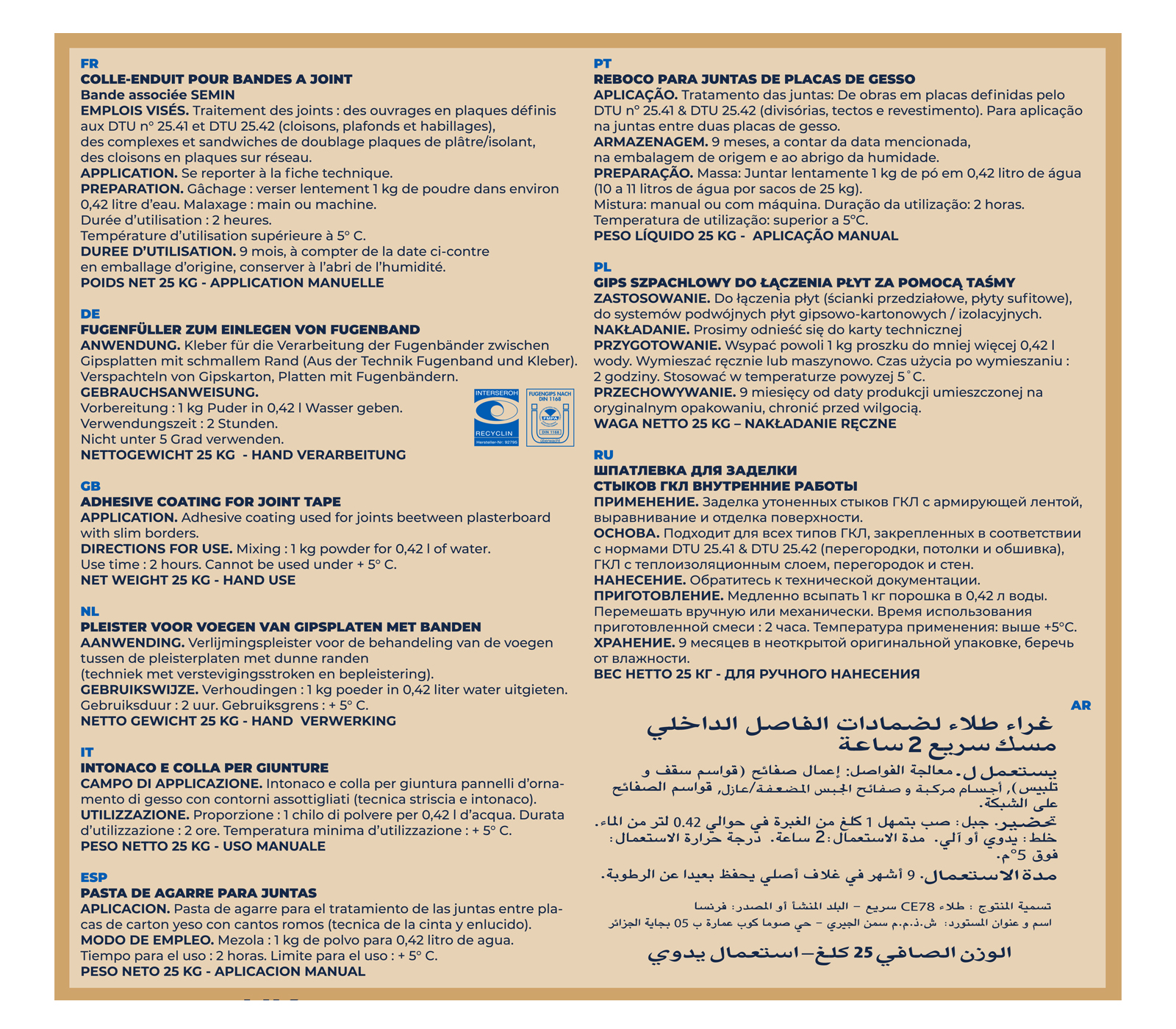 Enduit pour Joints de Plaques de Plâtre CE 78 2 Heures Semin, Intérieur, Sac de 25 kg (lot de 2) - 4