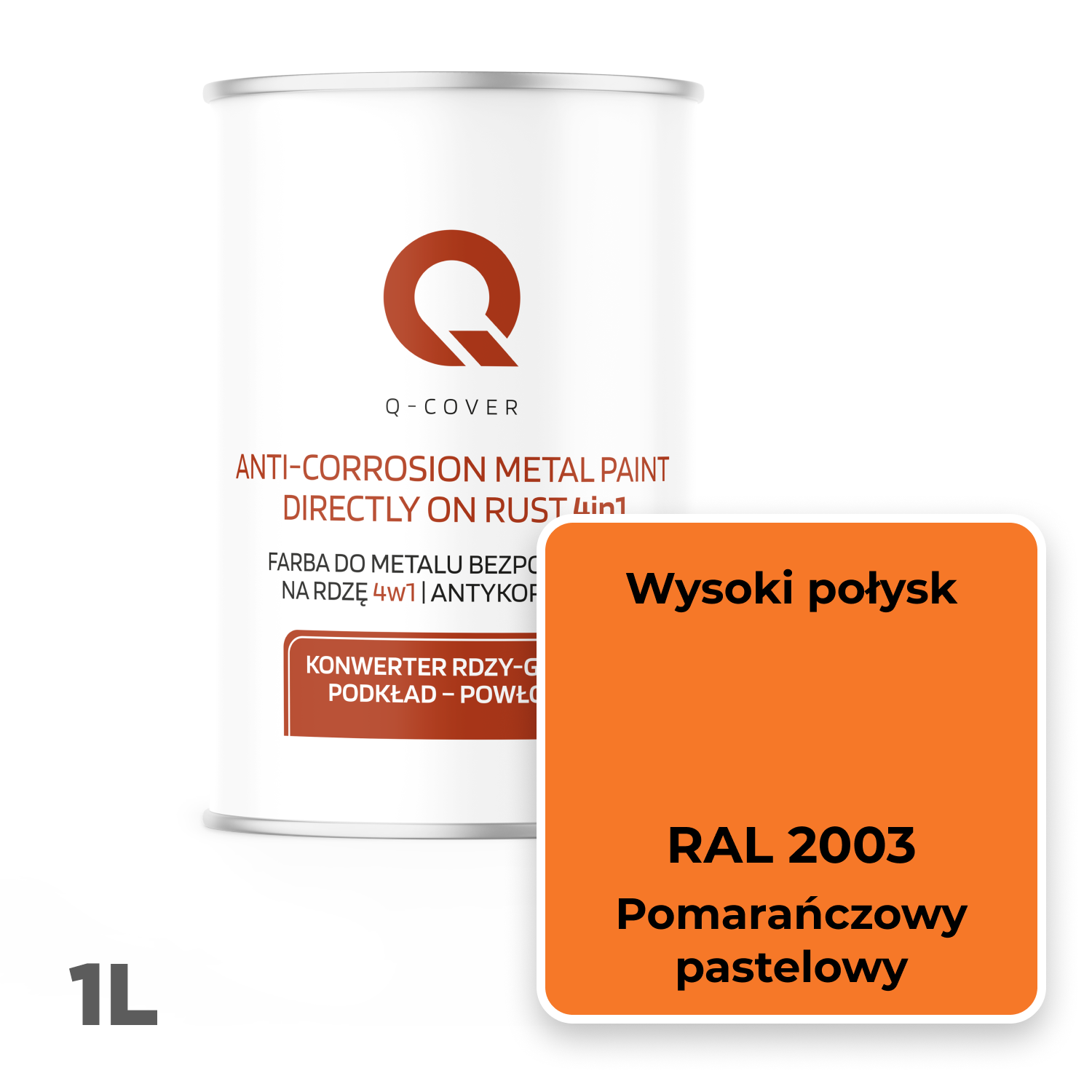 Farba do Metalu Prosto na Rdzę 4w1 Q-Cover Pomarańczowy pastelowy RAL2003 Wysoki Połysk 1L - 2