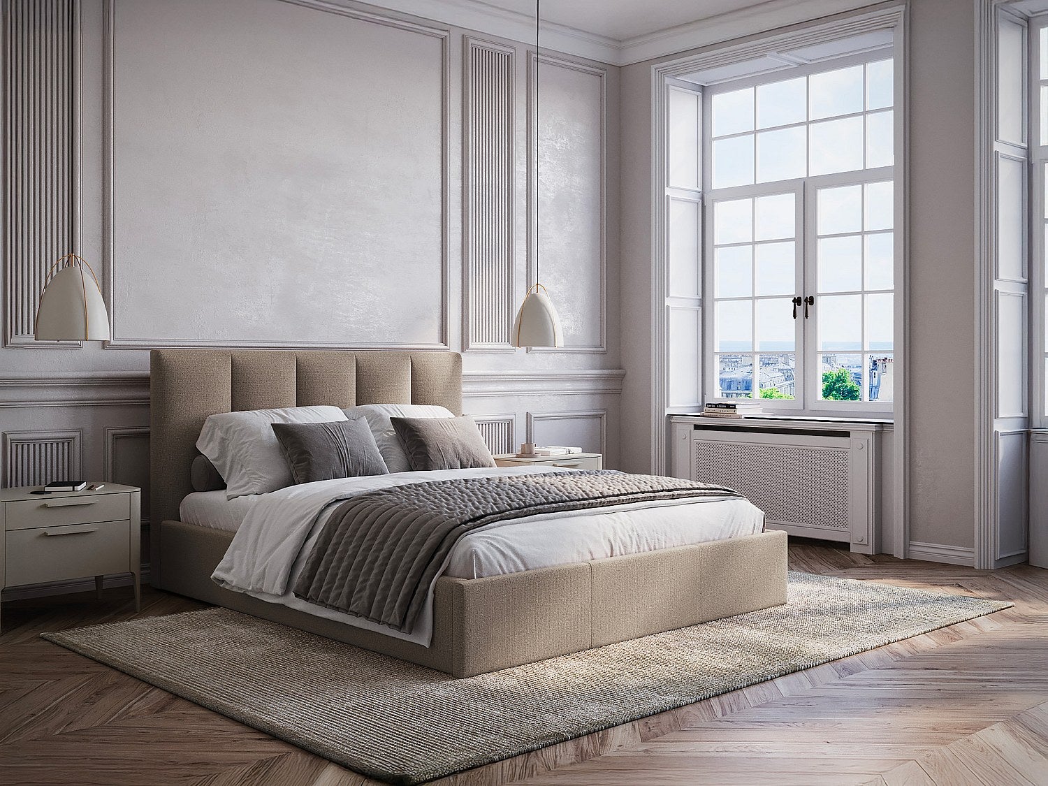 Łóżko ze skrzynią 180 x 200 cm i pionowo przeszywanym zagłówkiem - Tkanina - Taupe - Z materacem - KILACLO