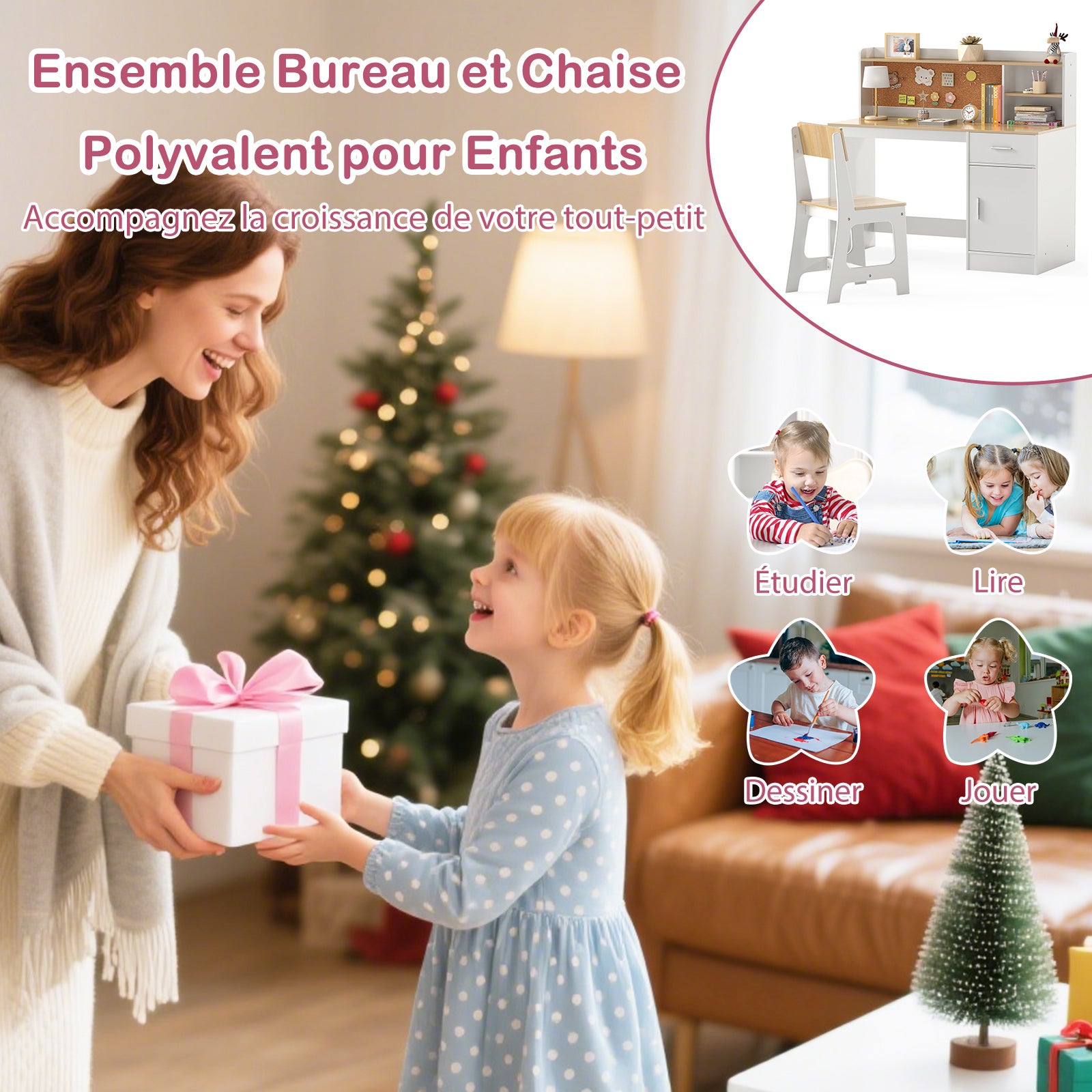 Bureau et Chaise d'Étude pour Enfants 3 Ans+, Table d'Écriture avec Étagères, Tiroir, Armoire de Rangement, pour Chambre, École, Naturel - 6