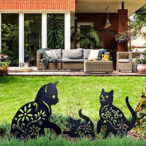 Cat Yard Art Garden Metal Statues Deco, 3 PIECES Cat Hollow Silhouette Animal Shape Stake Decorations, Black