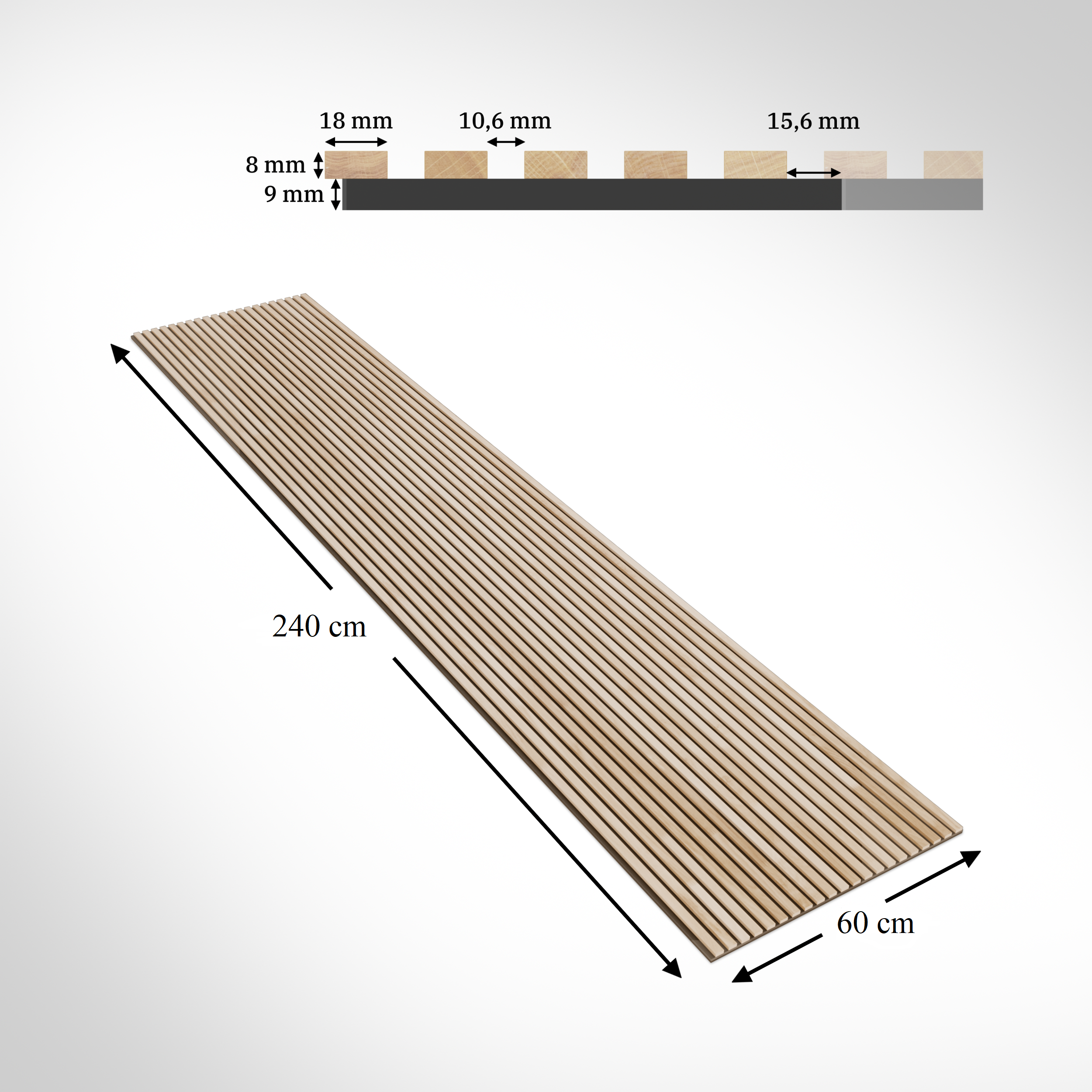 Panneau Tasseau Acoustique en Bois - Chêne Naturel - 2400x600mm - Lattes 18mm, Support en Feutre Noir - 6