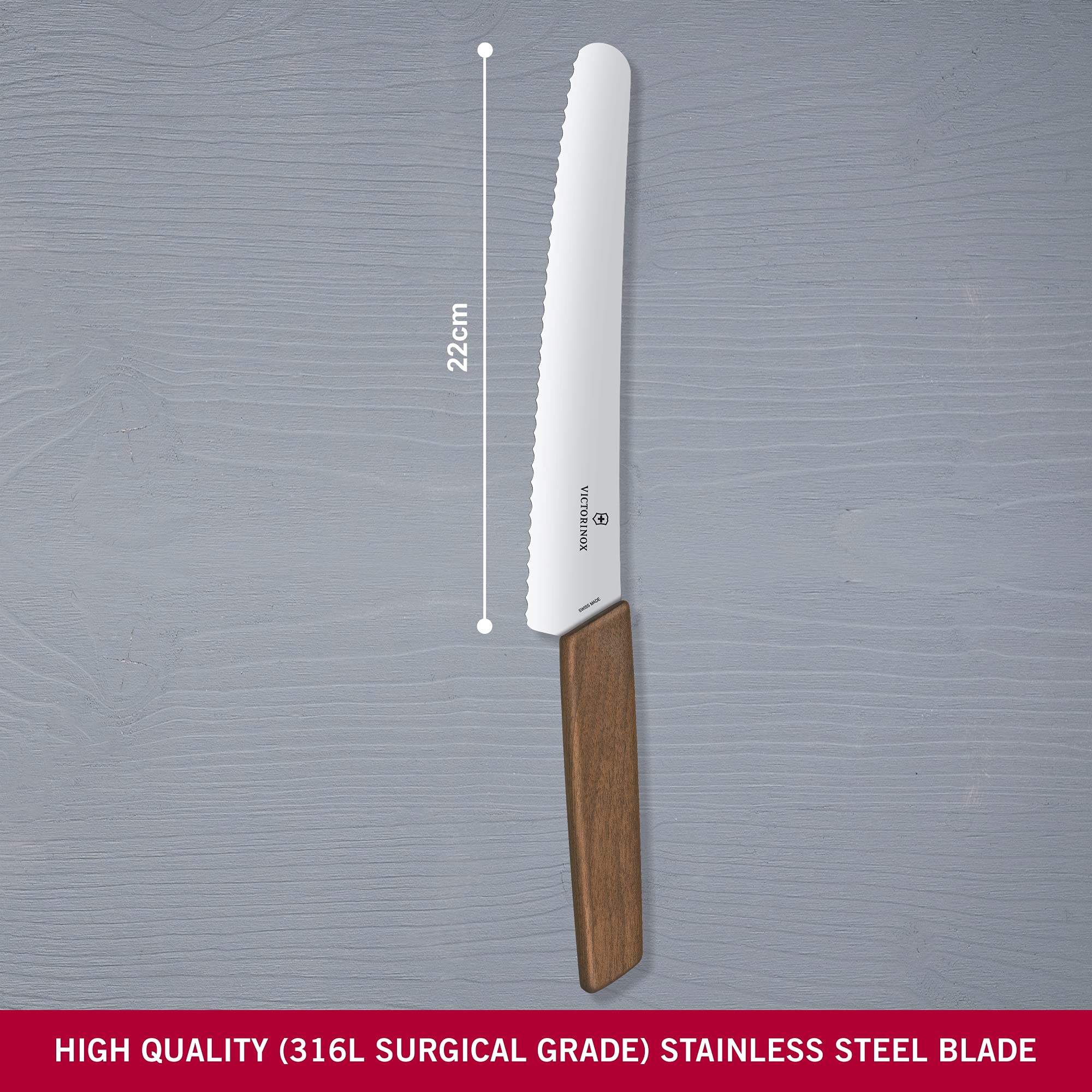 Victorinox Swiss Modern, Coltello professionale per pane e pasticceria, Lama extra affilata, bordo seghettato, 22 cm, Elegante manico in legno, Acciai - 3