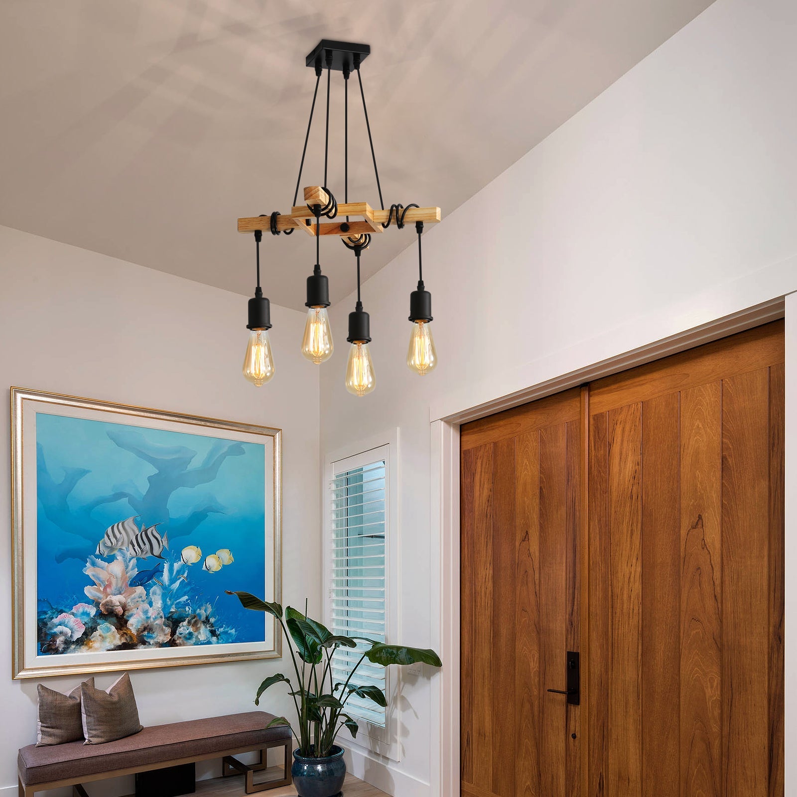 GOECO Suspension Luminaire Industrielle, Luminaire Plafonnier Vintage en Bois Noir, 4 culots E27, Lustre Industrielle pour salon Salle à manger - 4