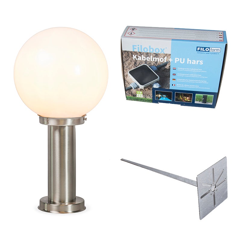 Lampa zewnętrzna stal nierdzewna 50 cm - Sfera z kołkiem gruntowym i wpustem kablowej