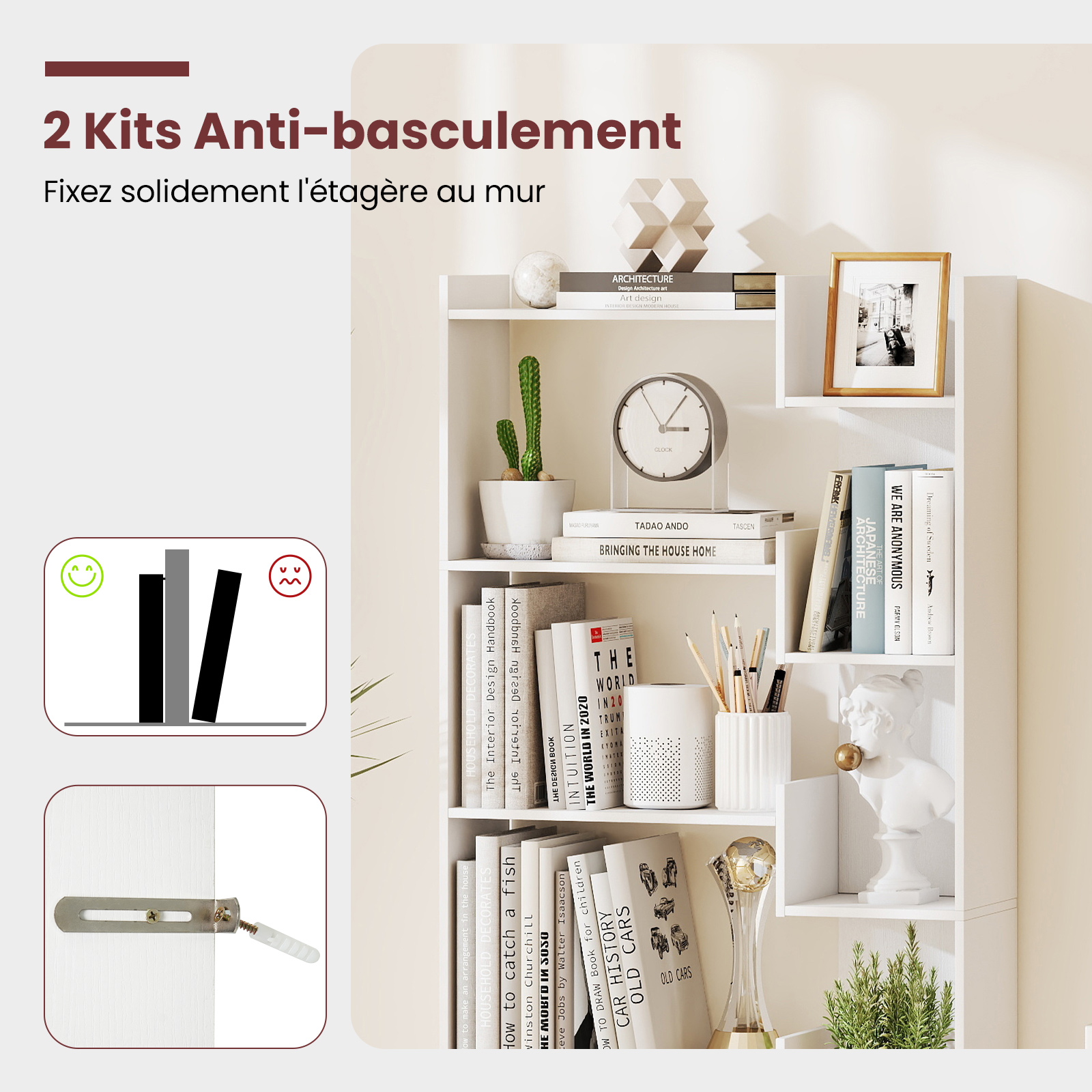 Bibliothèque 6 Niveaux 69 x 22 x 163 cm avec 2 Kits Anti-bascule, 11 Étagères Ouvertes, Patins Pratiques, Style Moderne pour Bureau, Salon, - 2