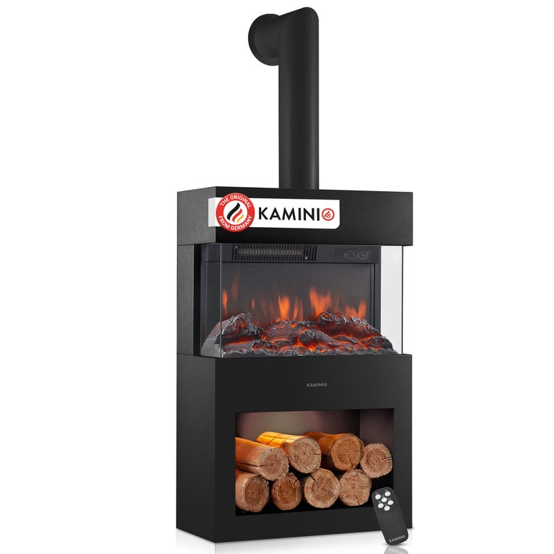 KAMINIO Kominek elektryczny HENRI z rurą kominową – piec kominkowy, ogrzewanie, płomień 3D, oświetlenie nastrojowe, schowek na drewno, pilot – Czarny