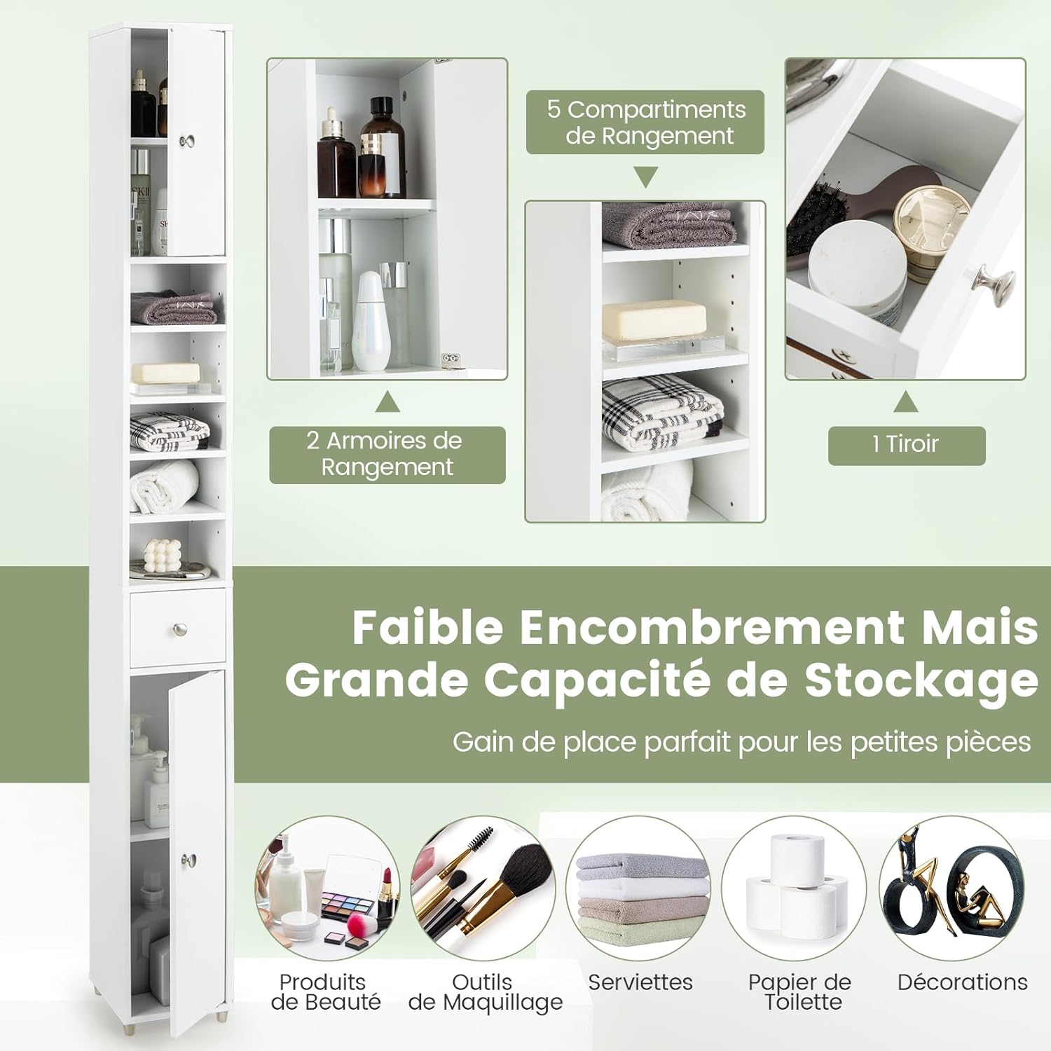 Armadio da Terra Alto, Mobile Colonna Bagno con 2 Ante 1 Cassetto e 5 Ripiani Regolabili, Mobile Bagno Salvaspazio per Soggiorno e Camera da L - 5