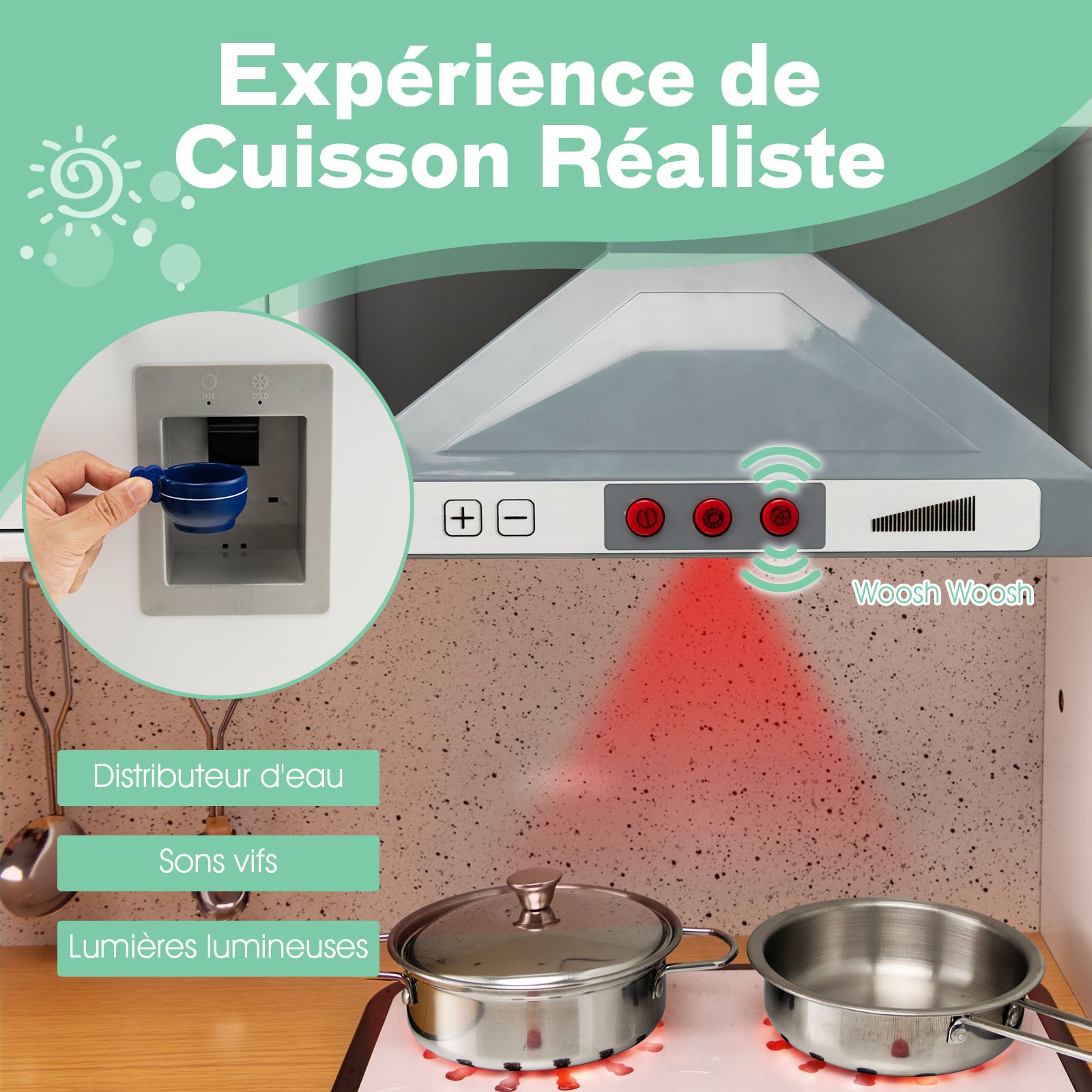 Cuisine Enfants Bois ,Jeux d’Imitation Cuisinière avec Machine à Laver, Sons et Lumière Réels,Tabouret,Cafetière,Distributeur d'eau, Blanc - 5