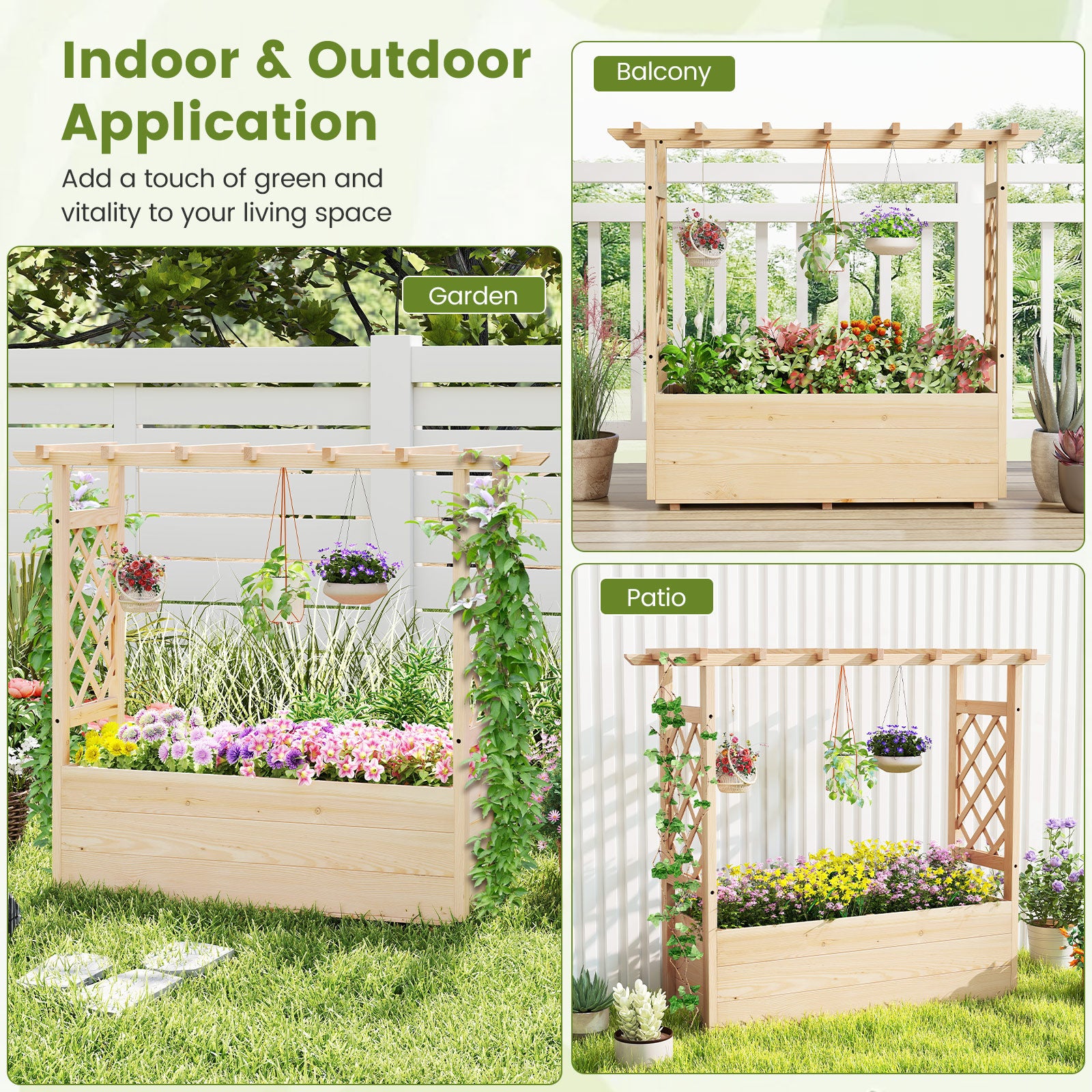 Jardinière Surélevée en Bois Massif avec Treillis, Toit Suspendu, Drainage, pour Plantes Grimpantes, Fleurs, Légumes, 115 x 40 x 103 cm - 7