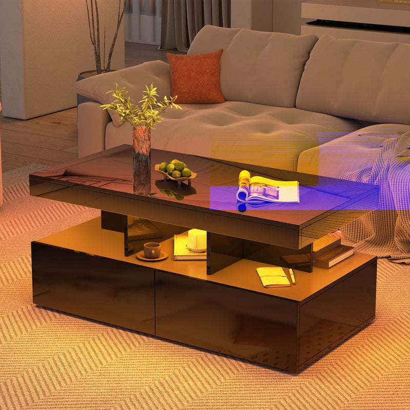 Table Basse avec Lumières LED, Table Basse Salon avec 2 Tiroirs et Compartiment Ouvert, Table de Salon, Bureau,104x53x46 cm, Noir - 4