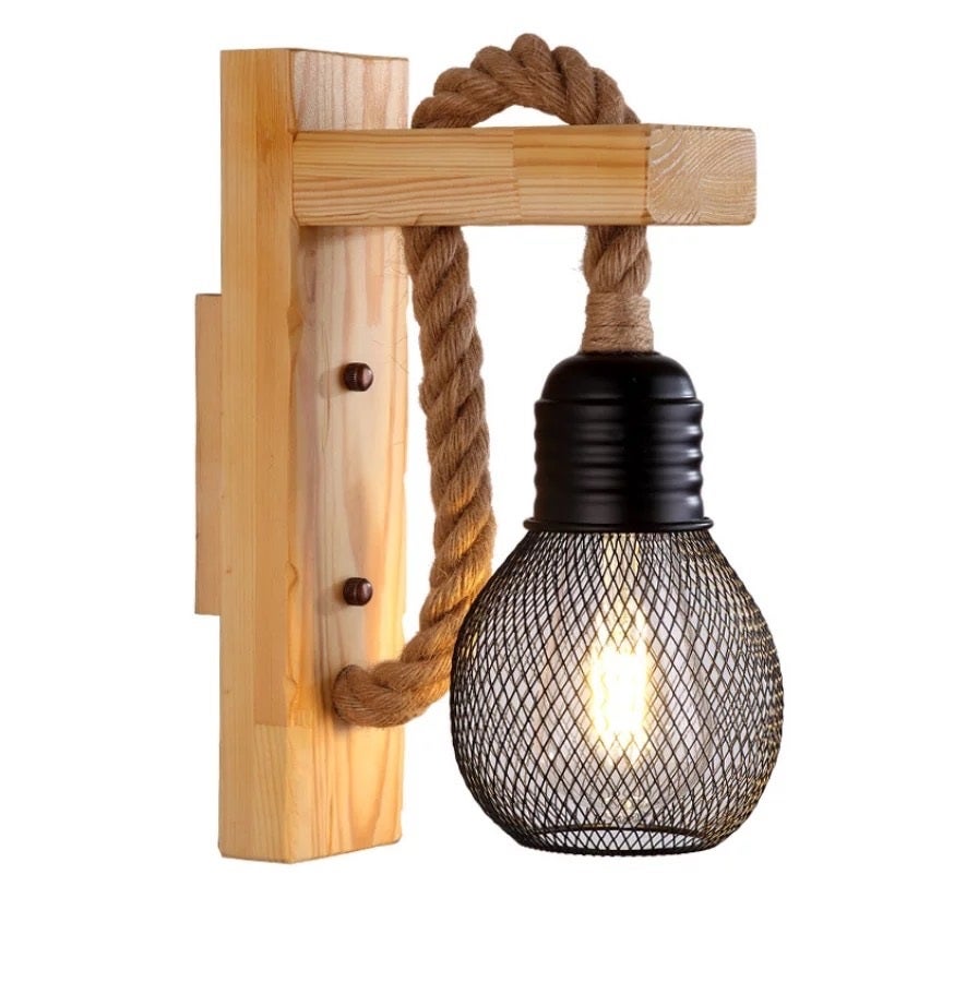 Lampada da parete vintage in corda di canapa, lampada da parete design in legno creativo, Applique rustica per design Mano in legno creativo con lampada da parete in corda di canapa,B
