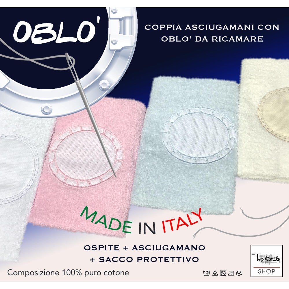 SET ASCIUGAMANI SPUGNA TELA AIDA da ricamare PUNTO CROCE 1+1 con OBLÒ VISO E OSPITE complete di SACCO WASHY Rosa - 2
