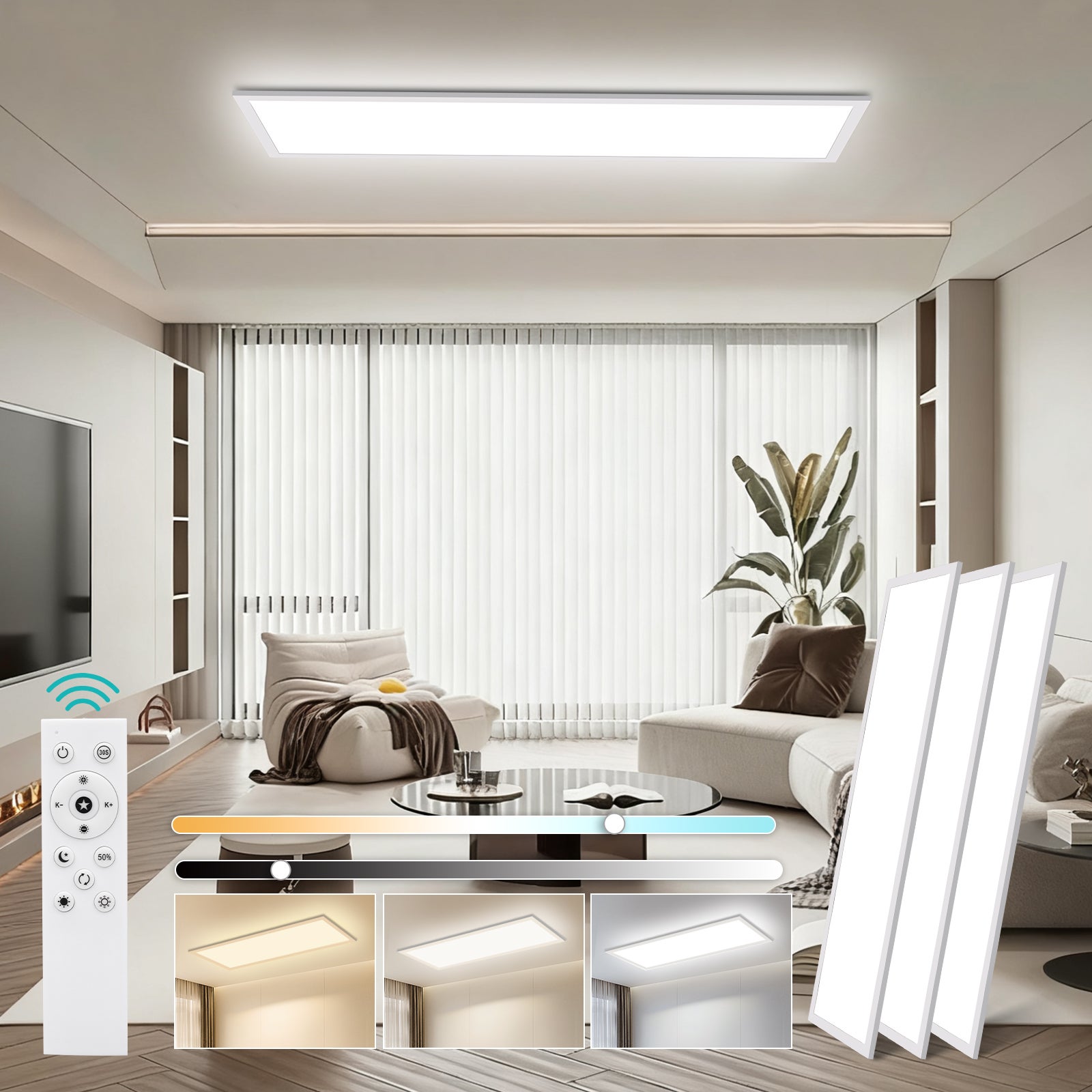 LOVHAUS 3PCS Lampa Sufitowa LED 30W Biała 100x25 cm, Panel LED Sufitowy Prostokątny Nowoczesny Ściemniający do Salonu, Biura, Kuchni z Pilotem