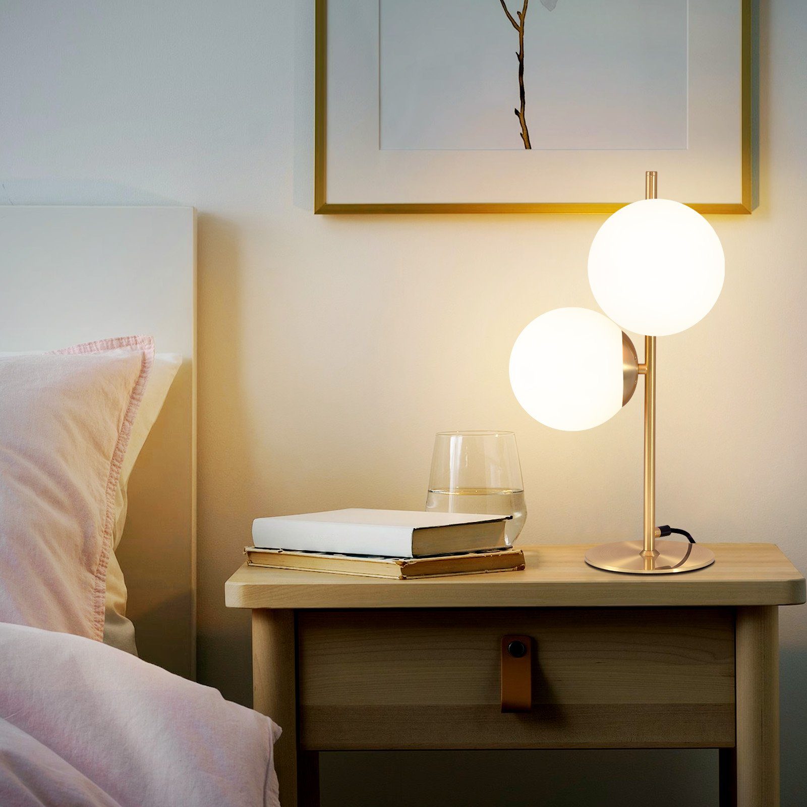 NETTLIFE lampada da tavolo moderna lampada da comodino industriale oro 2 lampadine con interruttore di design in metallo in vetro bianco E27 - 8