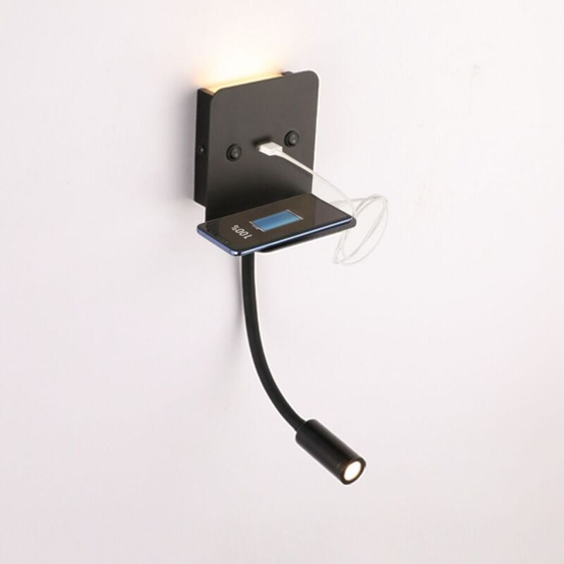 Lampa ścienna + lampka do czytania LED "Slange" 3W + 6W z portem USB - Czarna