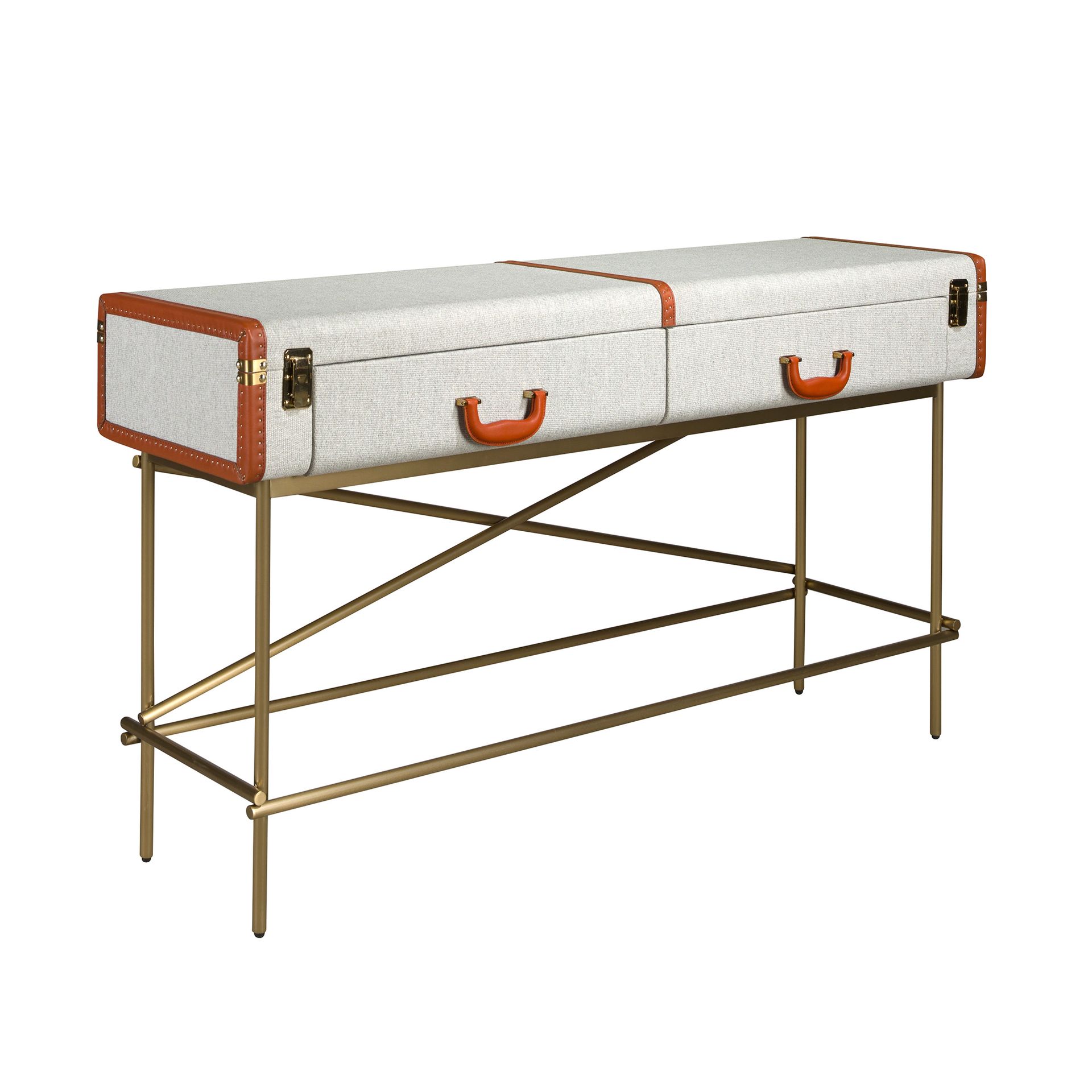 Prostokątny stolik konsolowy, tkanina, orzech i złota polerowana stal 141 x 45 x 81 cm