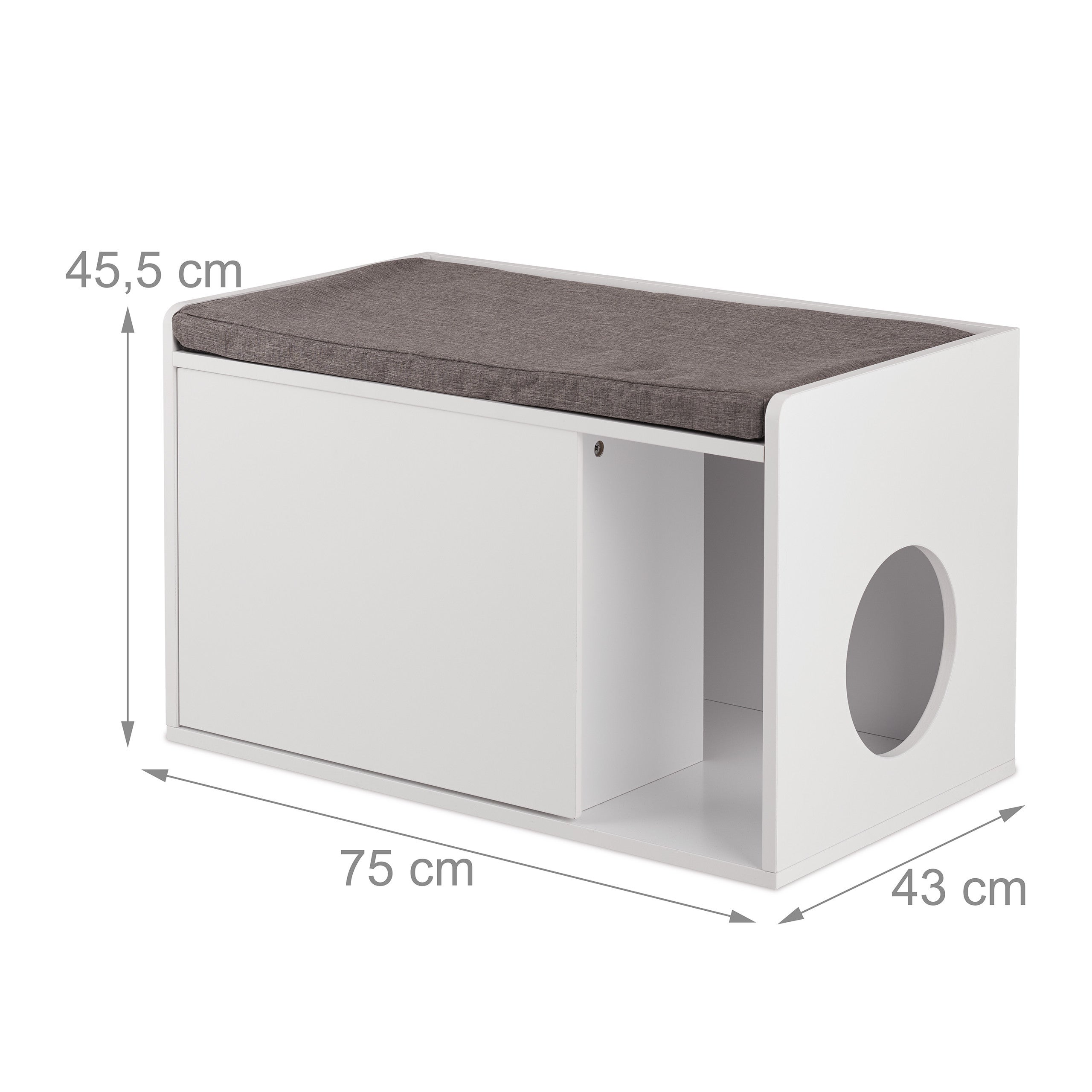 Armoire pour chat avec assise, 2 en 1 meuble litière et banc, HLP : 45,5 x 75 x 43 cm, blanc/gris, Relaxdays - 4