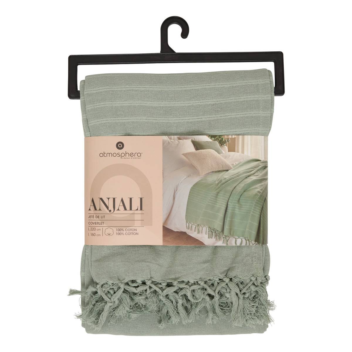 Jeté de lit Anjali 220x160 vert céladon en coton - Atmosphera Créateur d'intérieur - 3