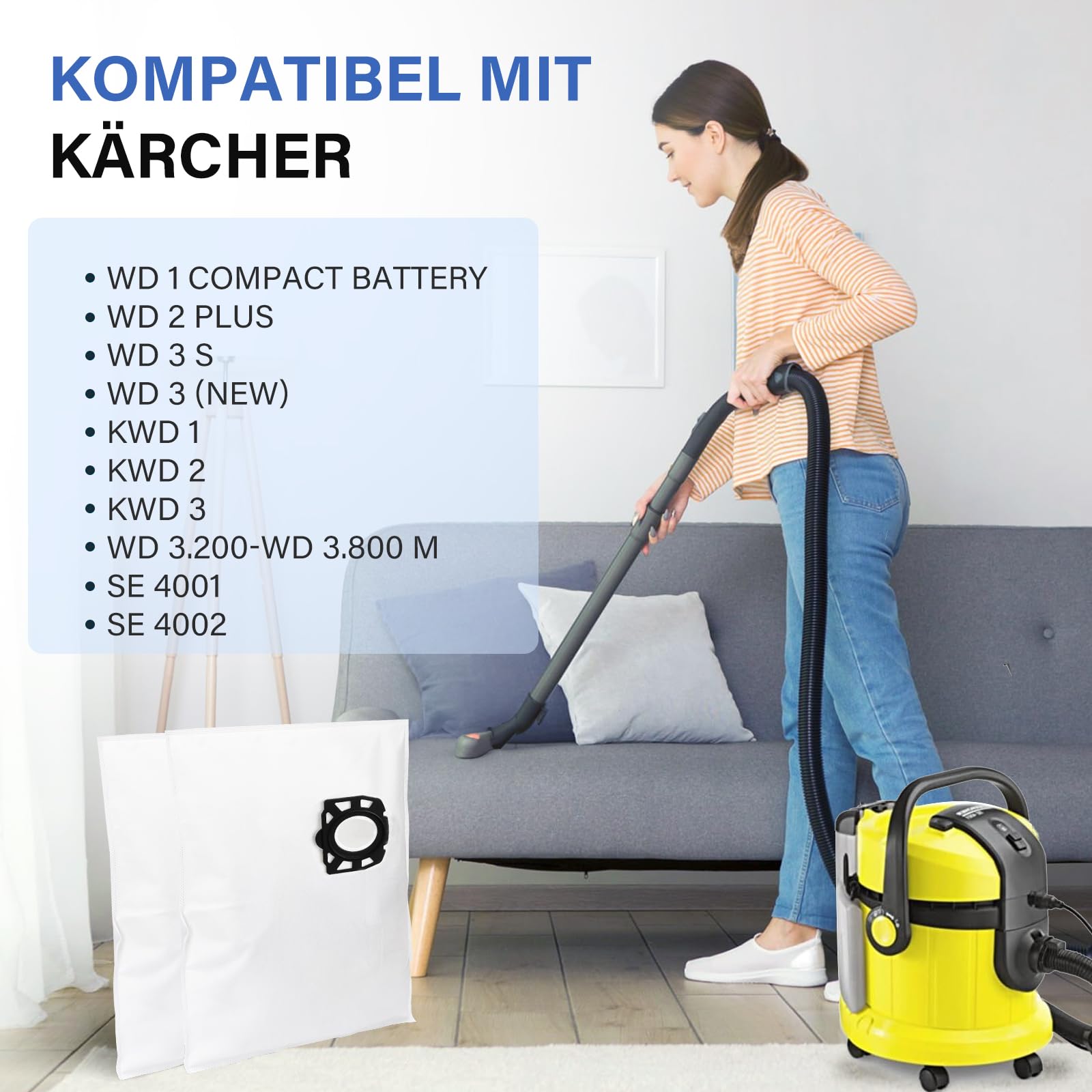 Lot de 12 sacs pour aspirateur compatibles avec Kärcher WD2 Plus/WD3/KWD1/KWD2/KWD3/WD3.200 - WD3.800 M/SE4001/SE4002, aspirateurs eau et poussière - 5