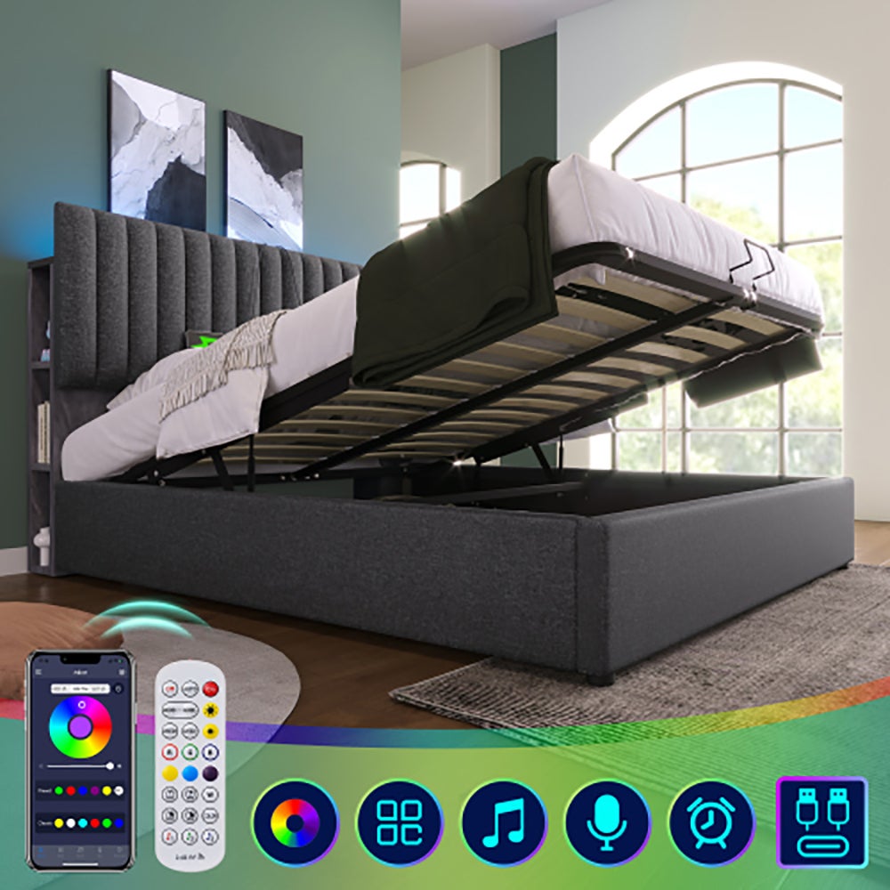 Lit adulte Lit coffre avec espace de rangement lit double LED tête de lit réglable sommier à lattes 160x200 cm gris avec matelas - 3