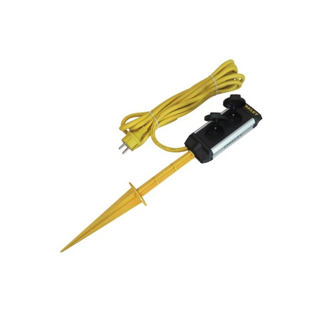 Stanley Multiprise de jardin avec piquet, 2 prises avec terre française (type E), 2 clapets, 5 m, IP44, noir/jaune/argent