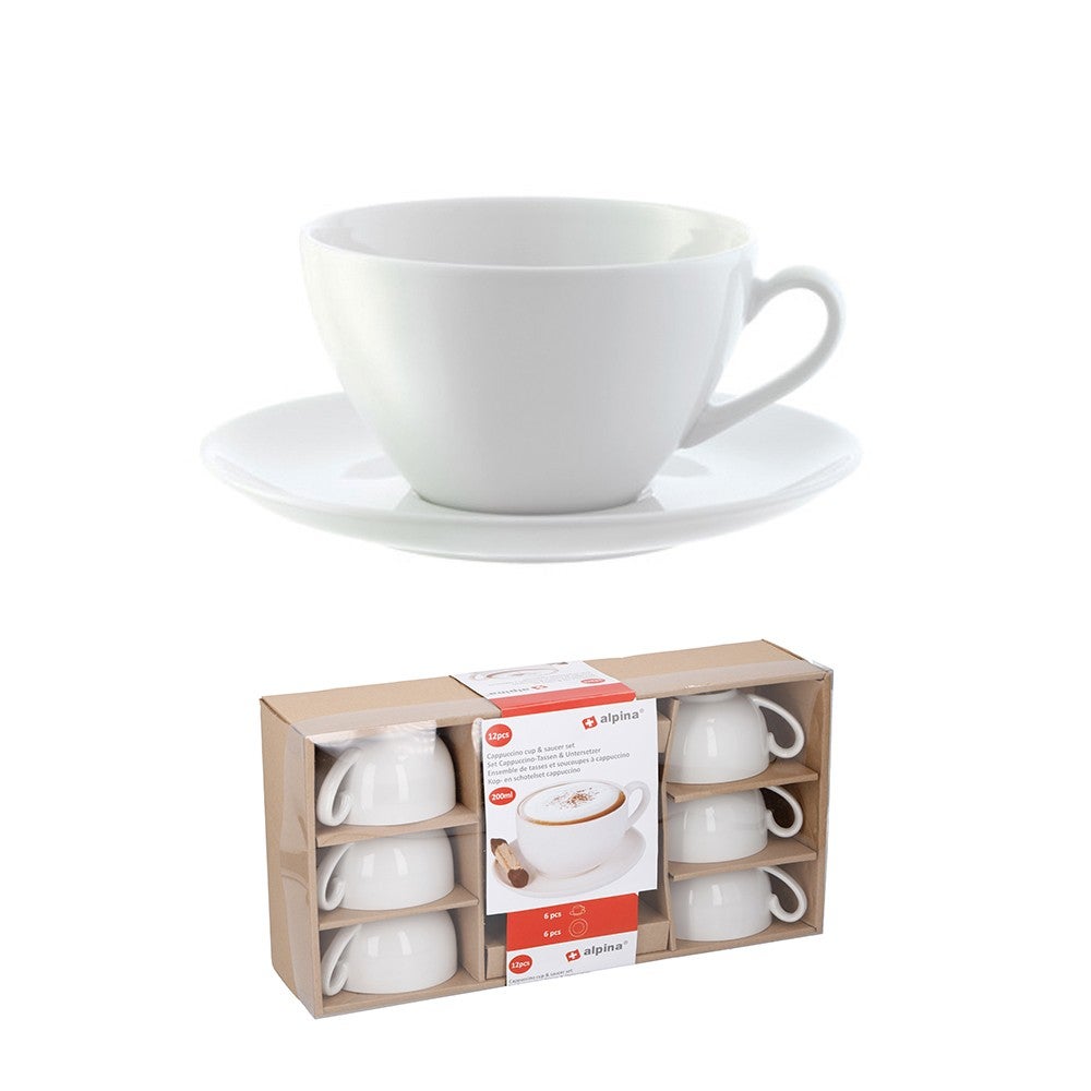 Set De 6 Tasses Cappuccino Céramique Blanche 180ml - Avec Soucoupes | Lavable Lave-vaisselle