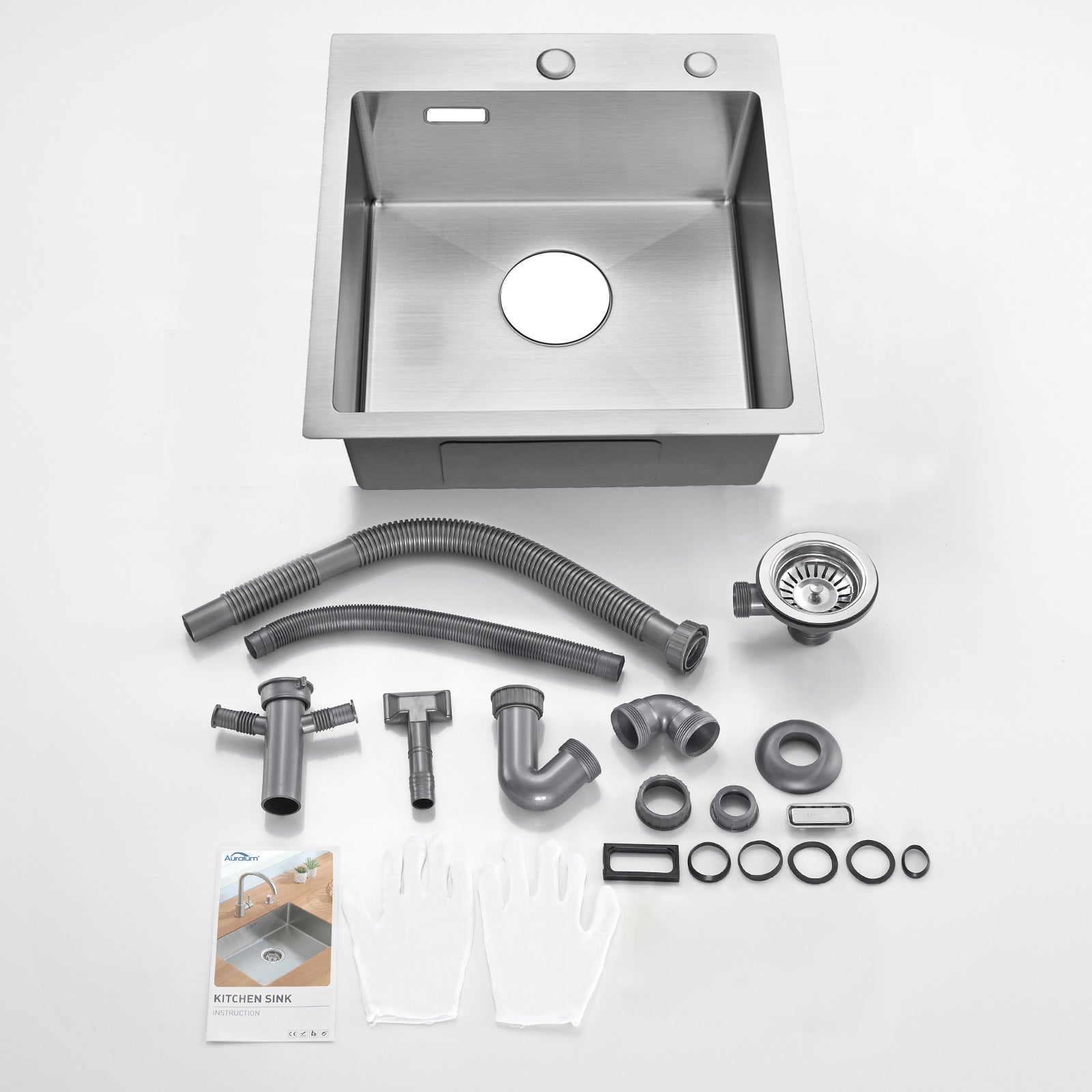 AuraLum Max Évier Cuisine 1 Bac en Acier Inoxydable 304 Brossé 45x45CM Évier encastré et à Poser Évier avec Trou de Montage pour Robinet,EU Modèle - 6