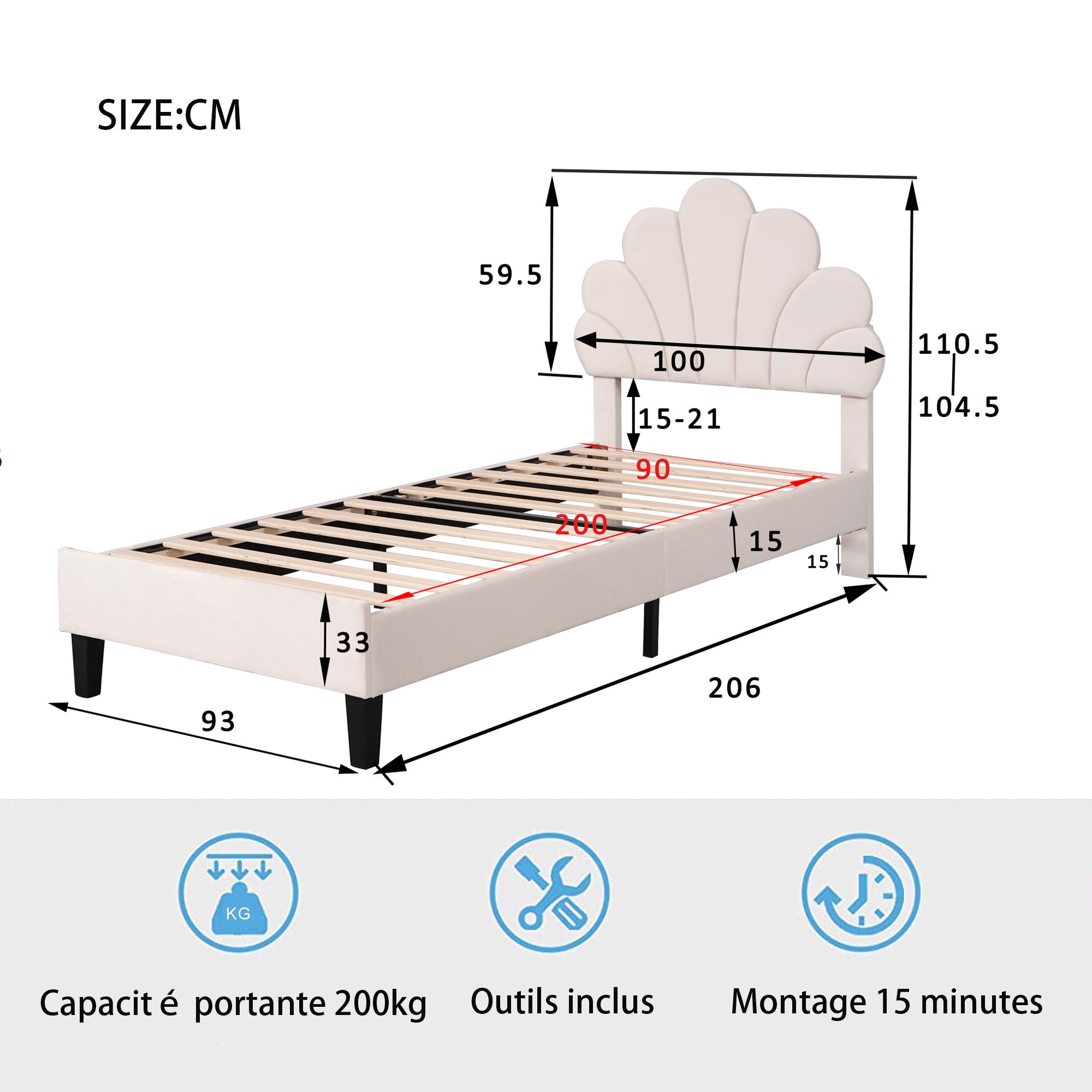Lit enfant 90x200 cm avec sommier à lattes, structure de lit 1 place avec tête de lit en forme de fleur, 90x200 cm, beige - 6