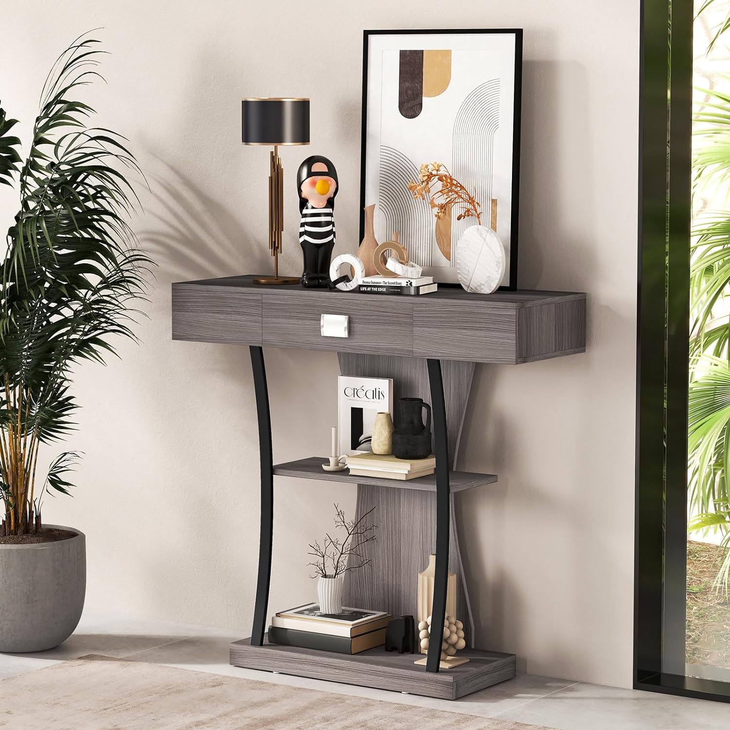 Table Console COSTWAY 120cm Avec Tiroir - 3 Étagères De Rangement - Style Moderne Pour Entrée Ou Salon - Gris