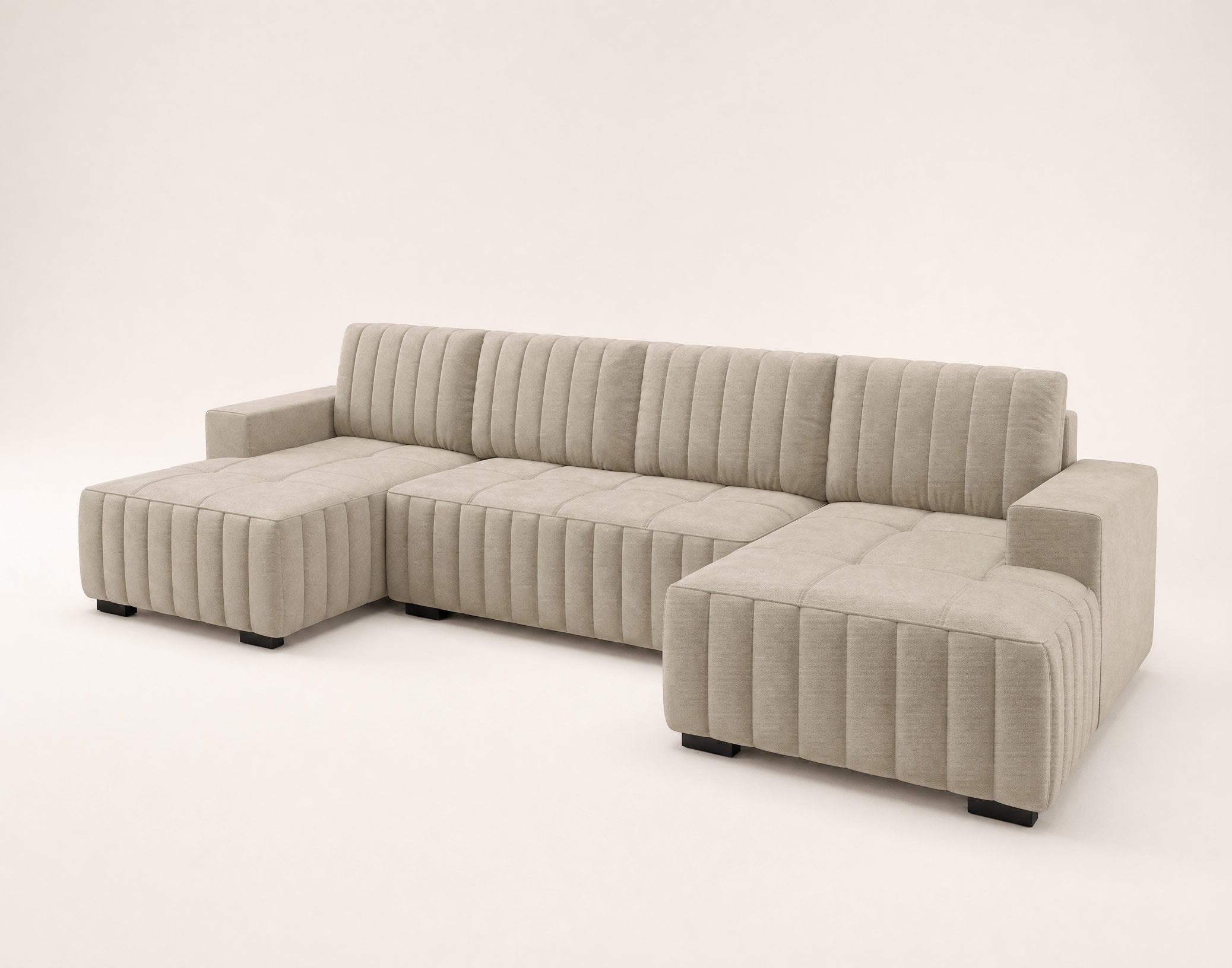Canapé panoramique 7 places avec coffre en velours Beige - LAZARE - Best Mobilier - 3