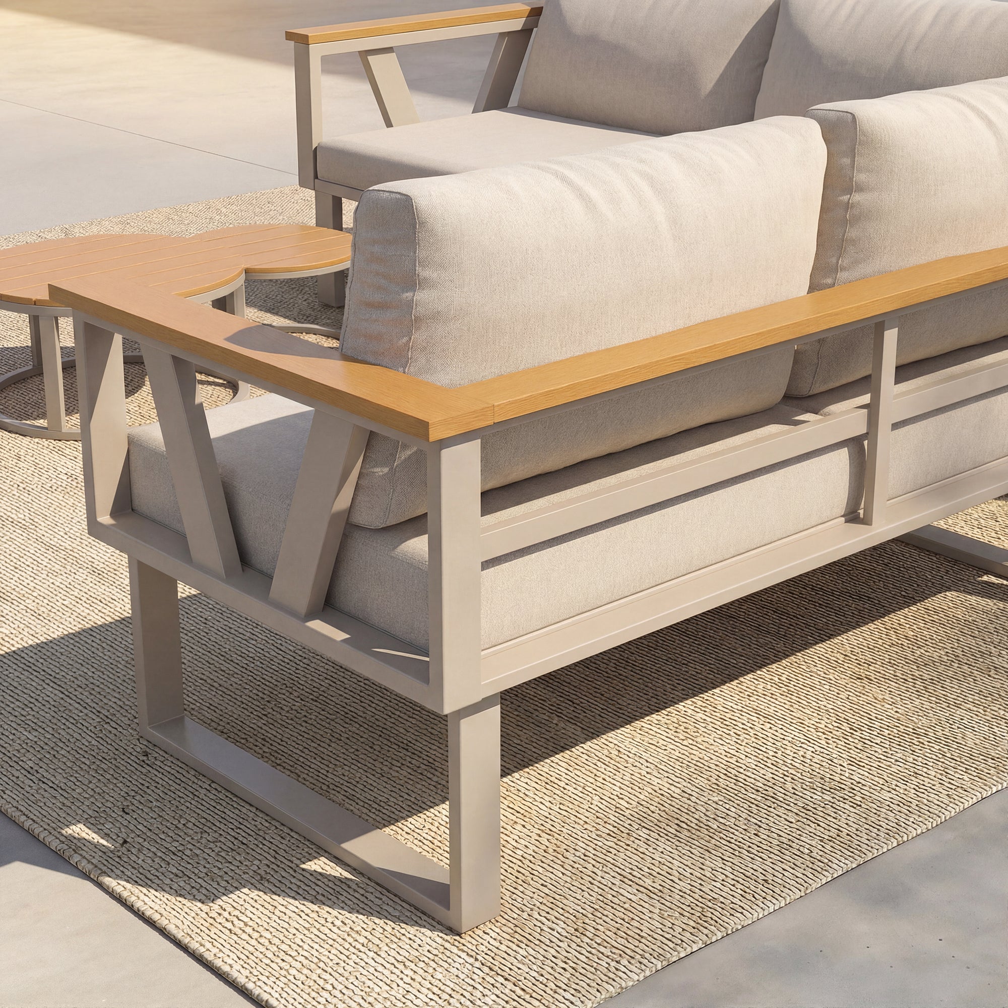 Salon de jardin - 6-7 places - en fer galvanisé - canapé d'angle - avec table basse gigogne - en bois plastique - fauteuil - repose-pieds, Beige - 7