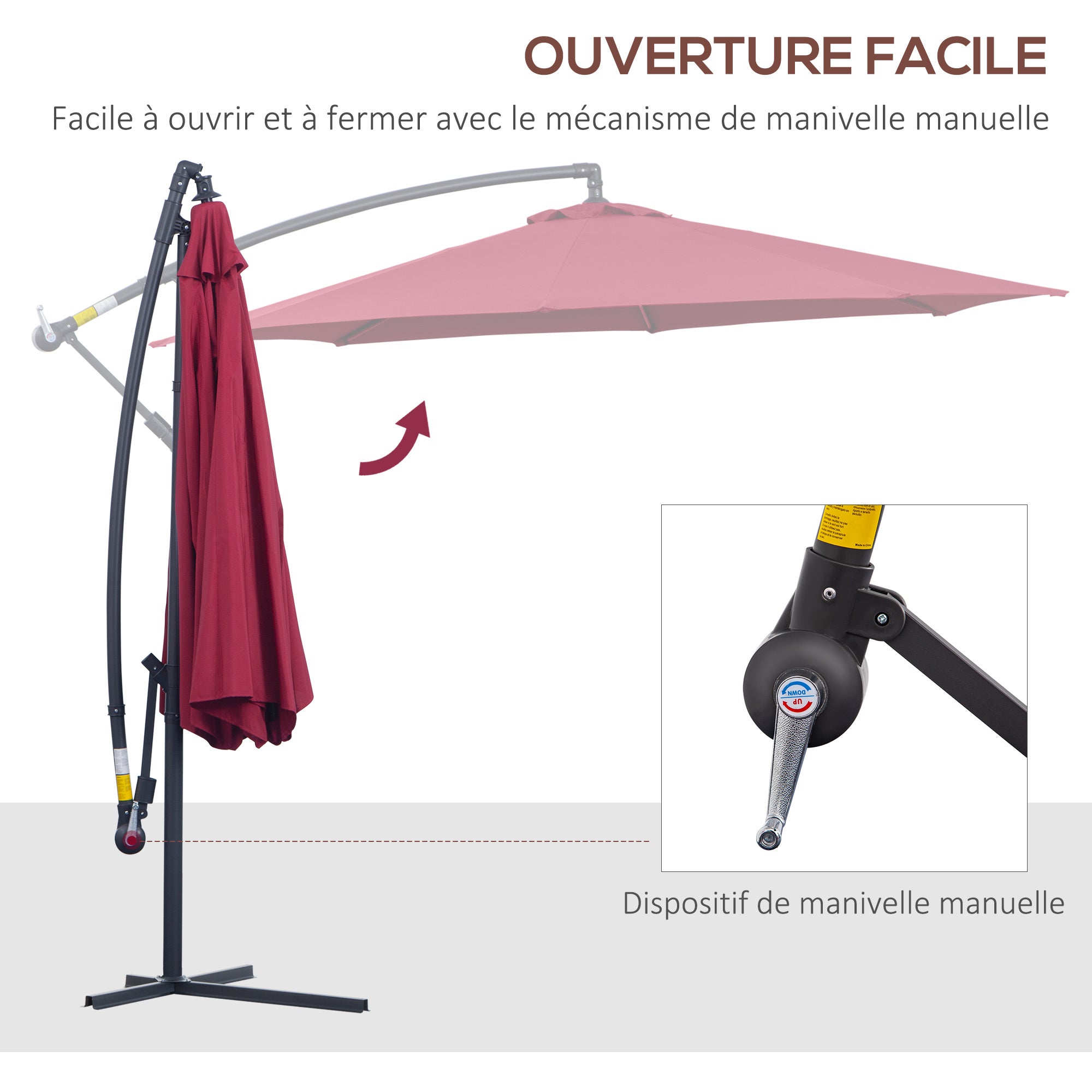 Parasol déporté octogonal à manivelle inclinable manivelle avec pied en acier diamètre 3 m rouge - 5