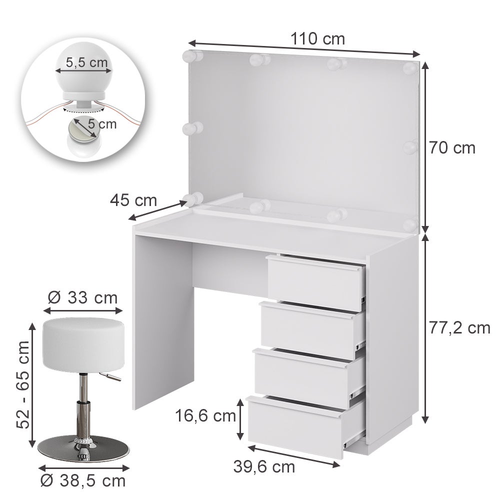 Oyajia Coiffeuse avec éclairage LED, Miroir et luminosité réglable, Coiffeuse avec Tabouret, 4 tiroirs et 7 étagères, Coiffeuse Moderne, en Bois, Blanche 135 * 80 * 36cm