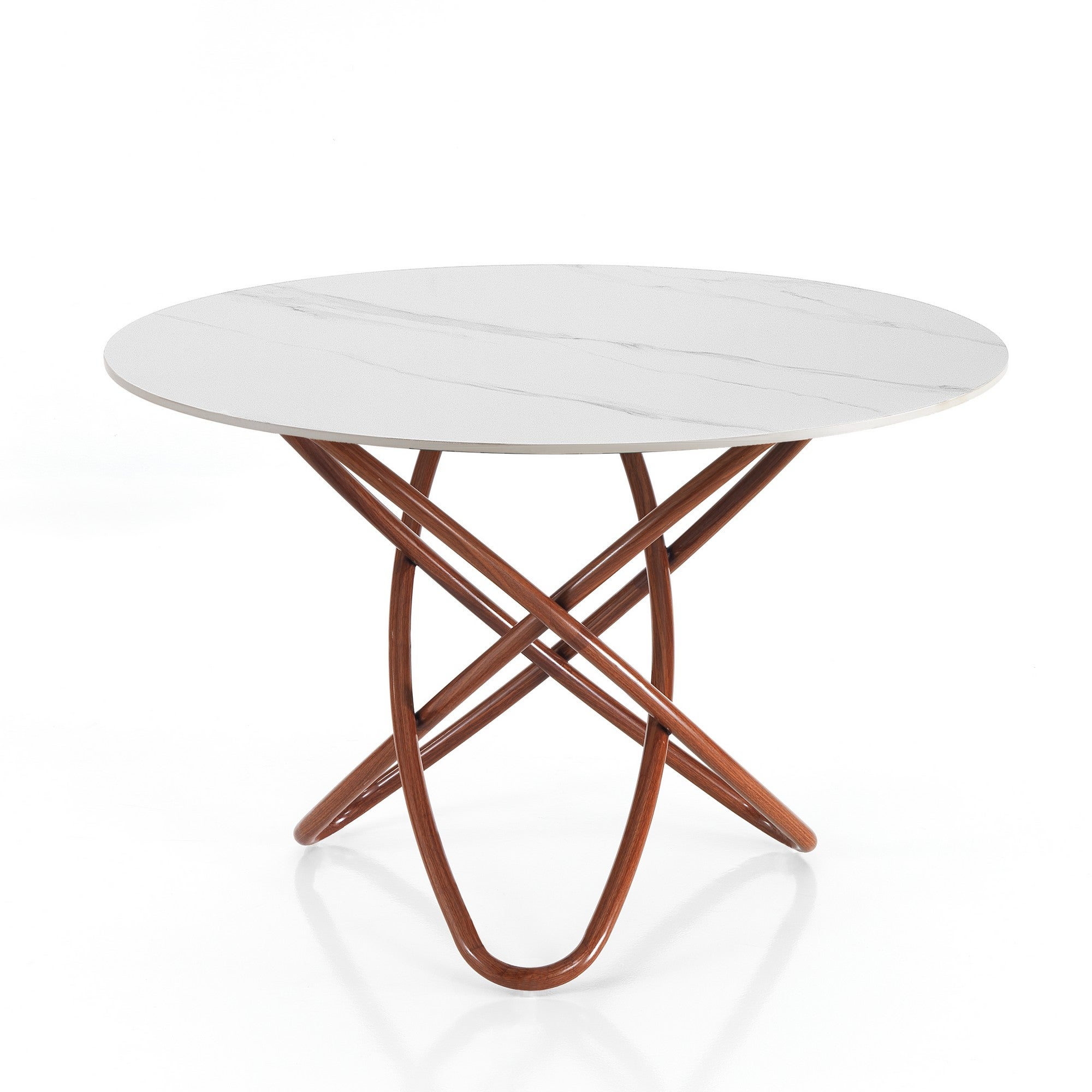 Stół HULA HOOP WOOD - BIAŁY MARMUR - metal w kolorze orzecha włoskiego, ceramika White Marble, wys. 76 cm, Ø 110 cm, 6 miejsc, do jadalni