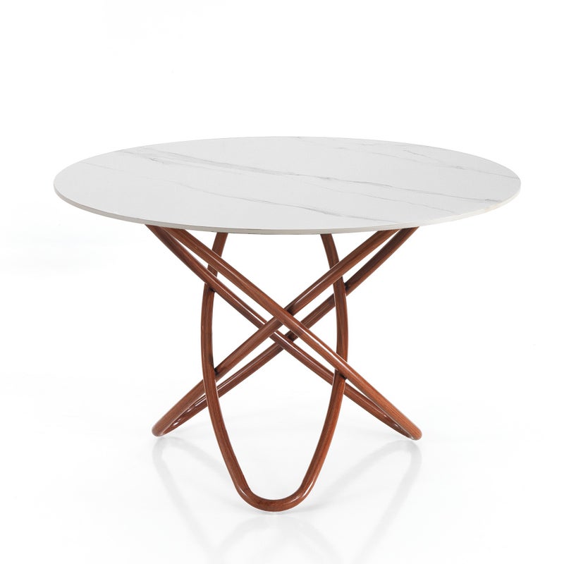 Stół HULA HOOP WOOD - BIAŁY MARMUR - metal w kolorze orzecha włoskiego, ceramika White Marble, wys. 76 cm, Ø 110 cm, 6 miejsc, do jadalni