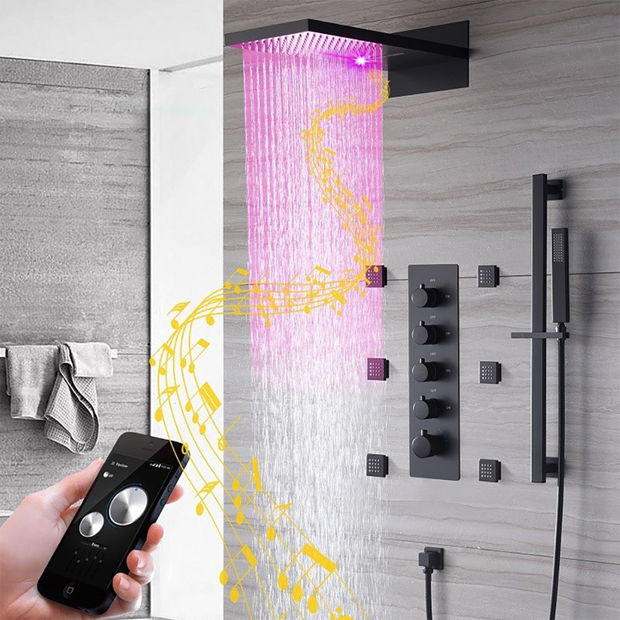 Zestaw prysznicowy ścienny termostatyczny Bluetooth Vasil, matowa czerń