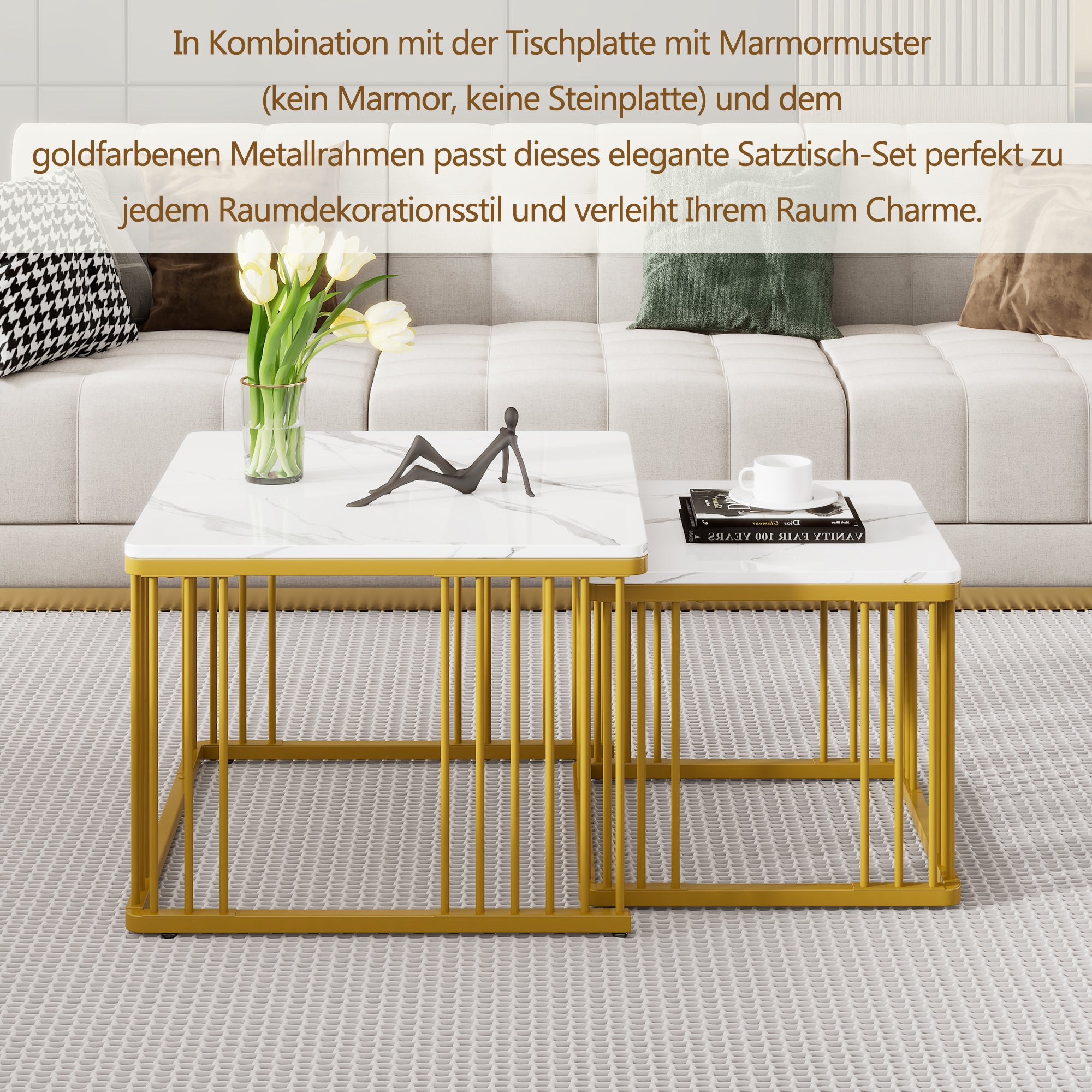 Zestaw 2 kwadratowych stolików kawowych - 60 x 60 x 45 cm + 45 x 45 x 40 cm - Płyta MDF - Efekt marmuru - Biały - 5
