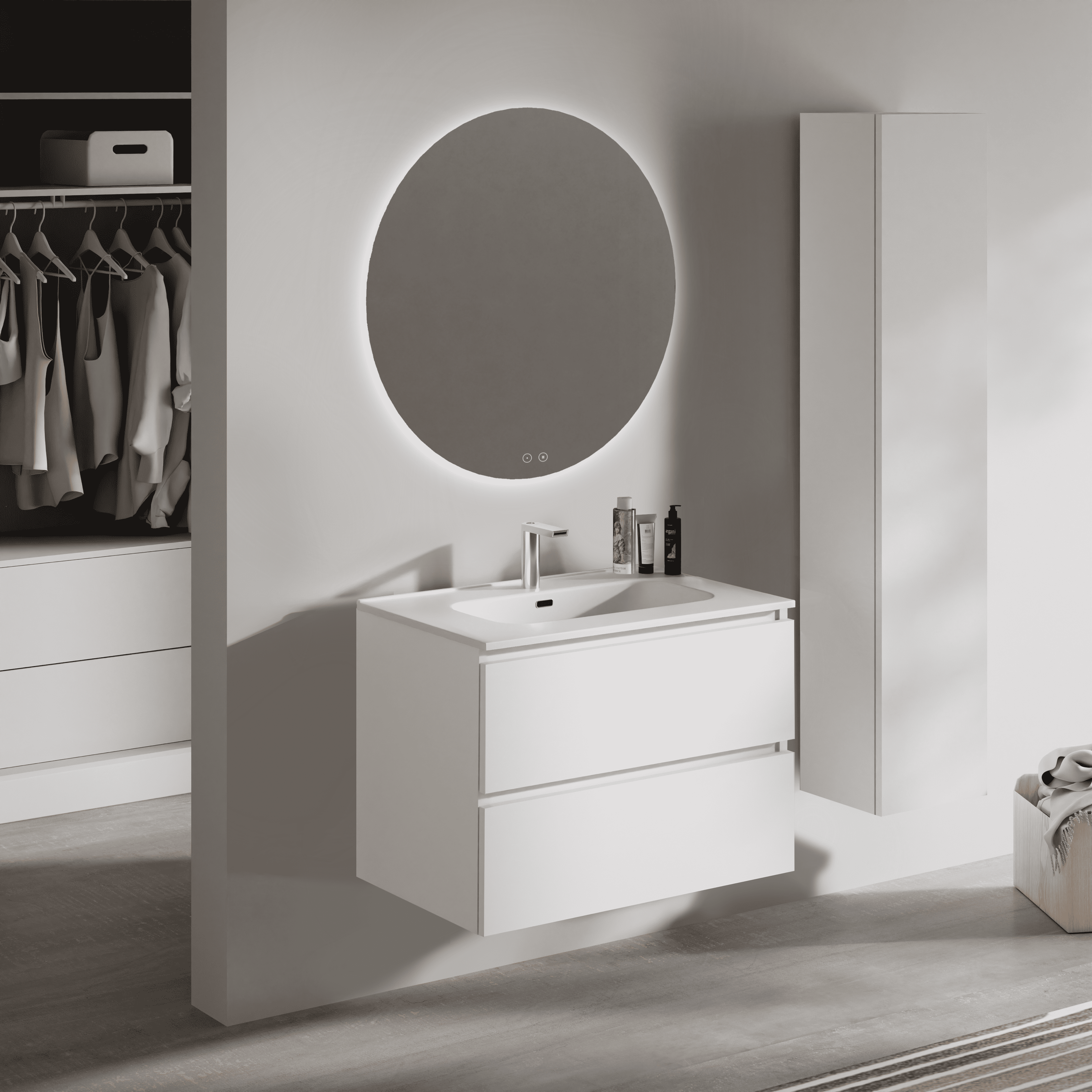 Feel Your Bath, Meuble de Salle de Bain PANTER Blanc 60 cm, 2 Tiroirs, Vasque Céramique Intégrée et Miroir Rond LED - 2