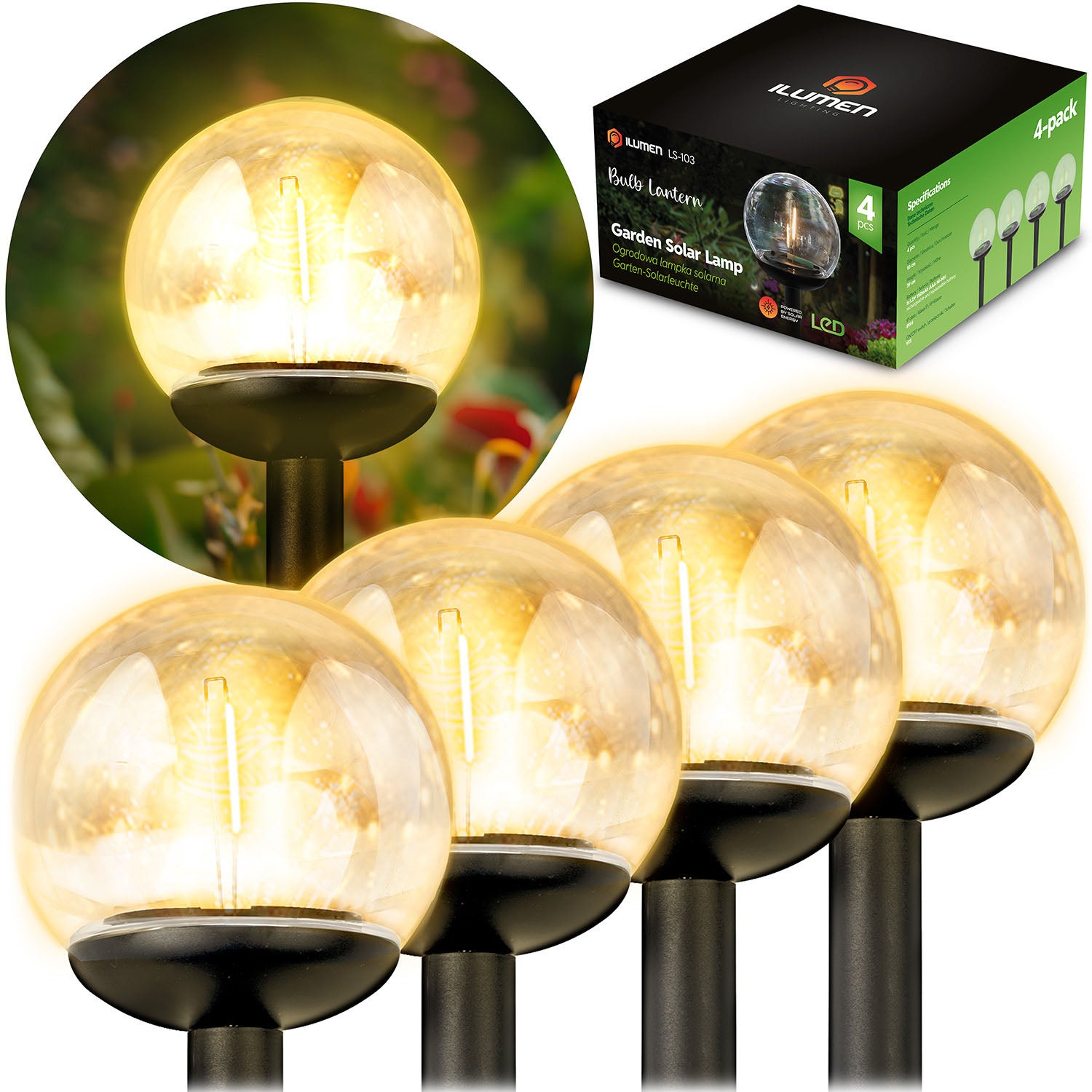 4 x lampa solarna ogrodowa Ilumen kula LED LS-103 przeźroczysta automatyczna