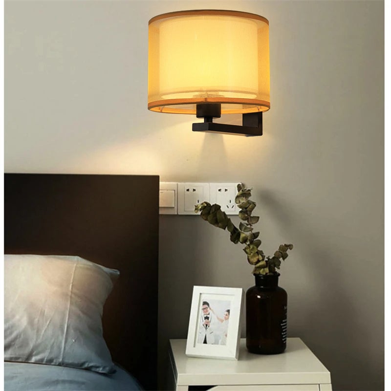 Lámpara de pared con pantalla de tela, lámpara de pared retro, lámpara de noche de montaje en pared, aplique de pared con bombilla, E27 - 7
