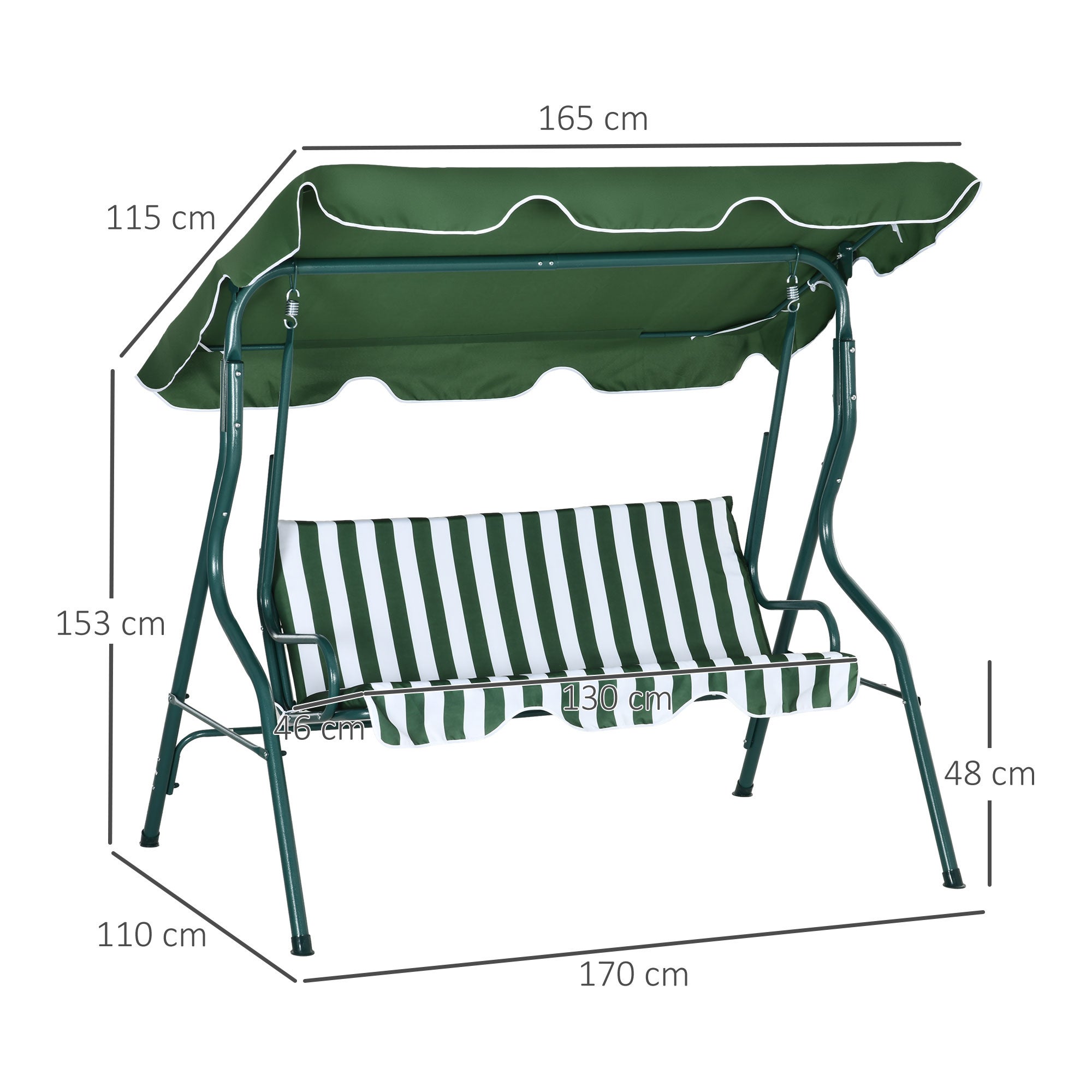 Baloiço de Jardim Outsunny em Aço e Poliéster Verde 170x110x153 cm - 3