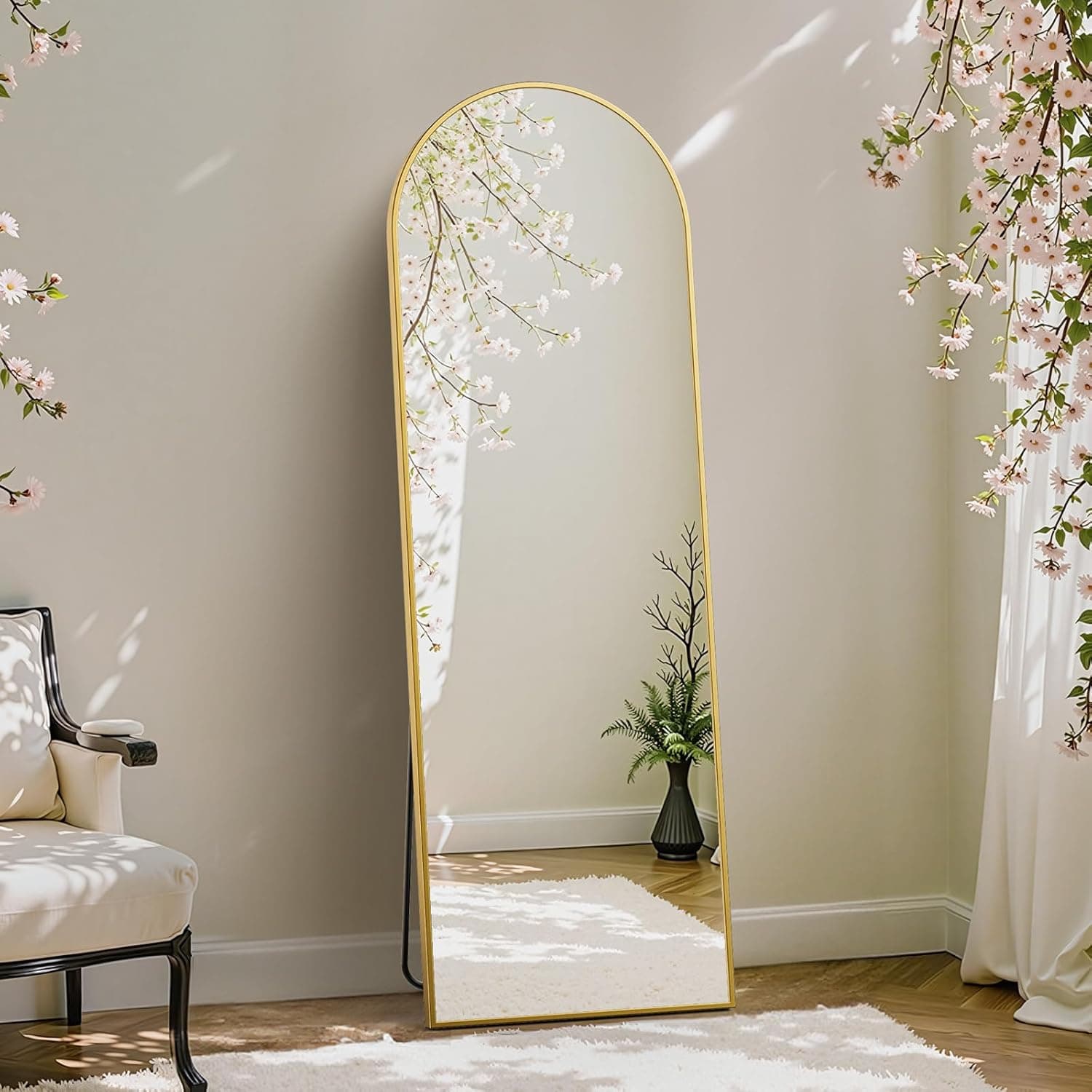 Specchio A Figura Intera NicBex Ad Arco Con Cornice In Lega – 162x53 Cm, Oro Spazzolato, Vetro Antisfondamento