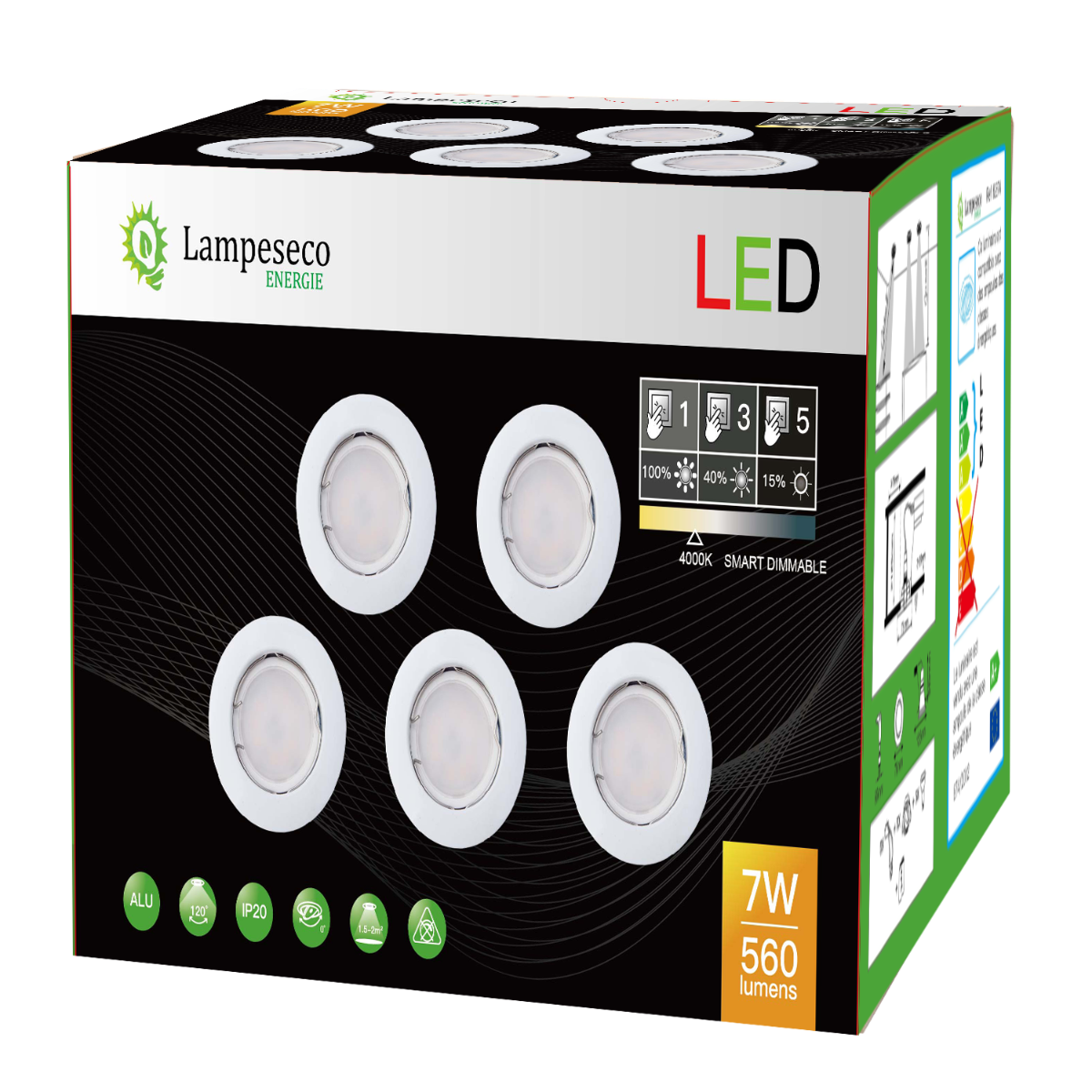 5 Spots led 3-step dimmable sans variateur 7w eq.56w blanc neutre finition blanc - 4