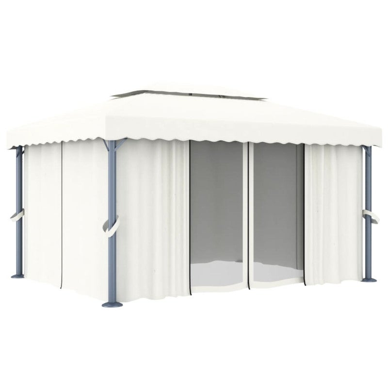 vidaXL Cenador con cortina y tira de luces LED aluminio crema 4x3 m - 4